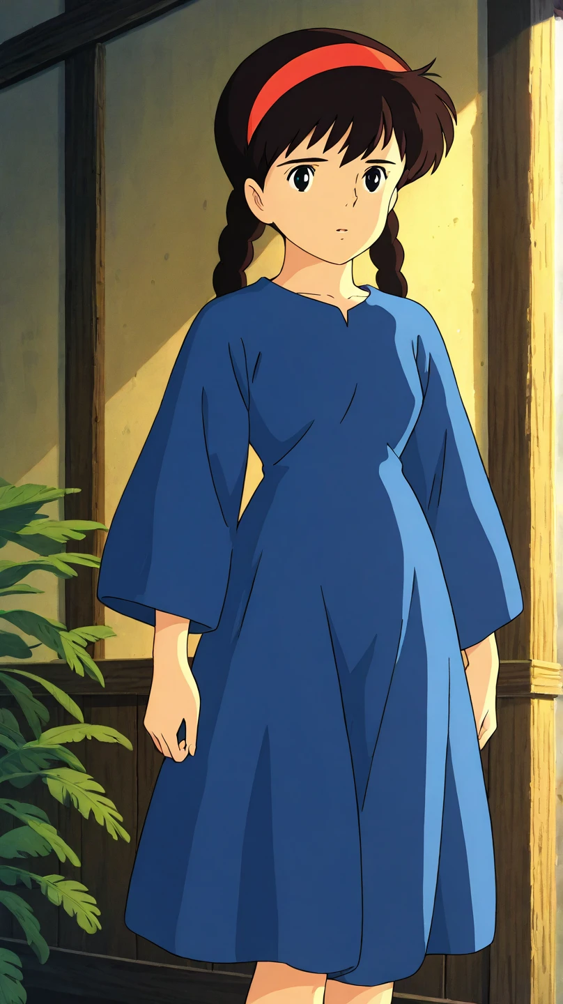 NSFW, masterpiece, best quality, 8K, high resolution, official art,
anime style, digital painting, cell shading, soft shading, detailed lighting,
ghibli, anime coloring, retro artstyle, 1990s style,
1girl, Sheeta (Tenkuu no Shiro Laputa), black brown hair, twin braids, hairband, black eyes,
wearing a blue one-piece dress with long wide sleeves, classic design, modest and elegant,
standing in soft natural light, nostalgic and warm atmosphere, subtle film grain,
gentle background blur, storybook tone, evokes traditional cel animation aesthetics