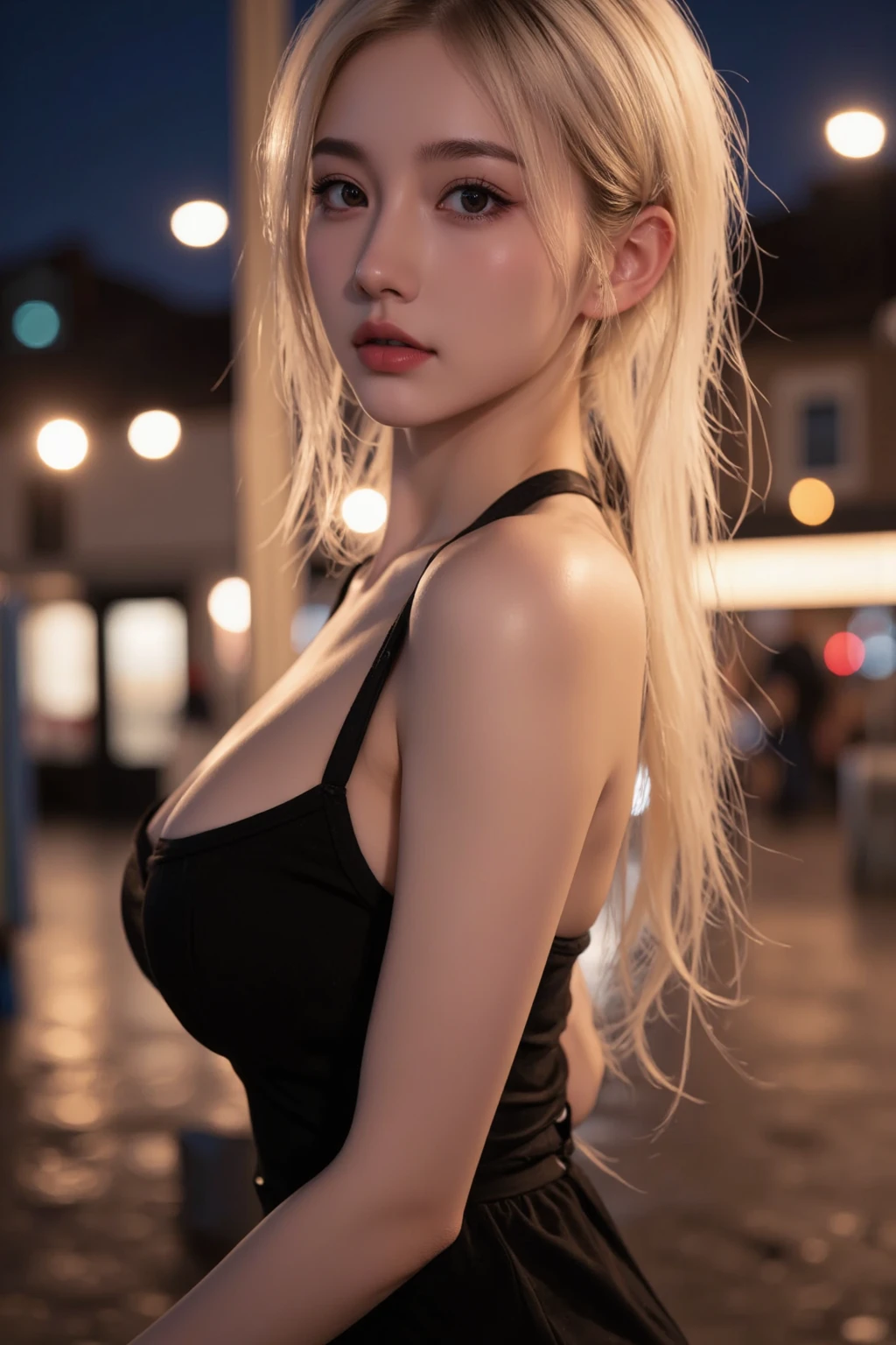 full hd 8k, Girl standing in front of a dark night scene, full moonlight reflecting on her beautiful face. Her long, silky hair was gently blown by the night wind, creating a gentle and romantic feeling. She is walking on a large beach. She looked up at the starry sky, as if searching for something, her eyes showing a pensive and lonely look. The full moon shines in the night sky creating a beautiful scene. The girl has long, strands of hair, Light blonde hair, a luxurious and noble beauty. The moonlight shines on the girl's delicate face, highlighting her large, round light brown eyes, creating a natural, gentle beauty. She wore a sexyly red mini dress to create a sexy beauty. Her plumble breasts were exposed, revealing her plumble and extremely sexy breasts. These images capture detailed panoramic portraits and views of the sky and sea. All create a beautiful, wonderful picture that makes people unable to take their eyes off the scene. All of these details are depicted clearly and sharply, creating sexyly poses,