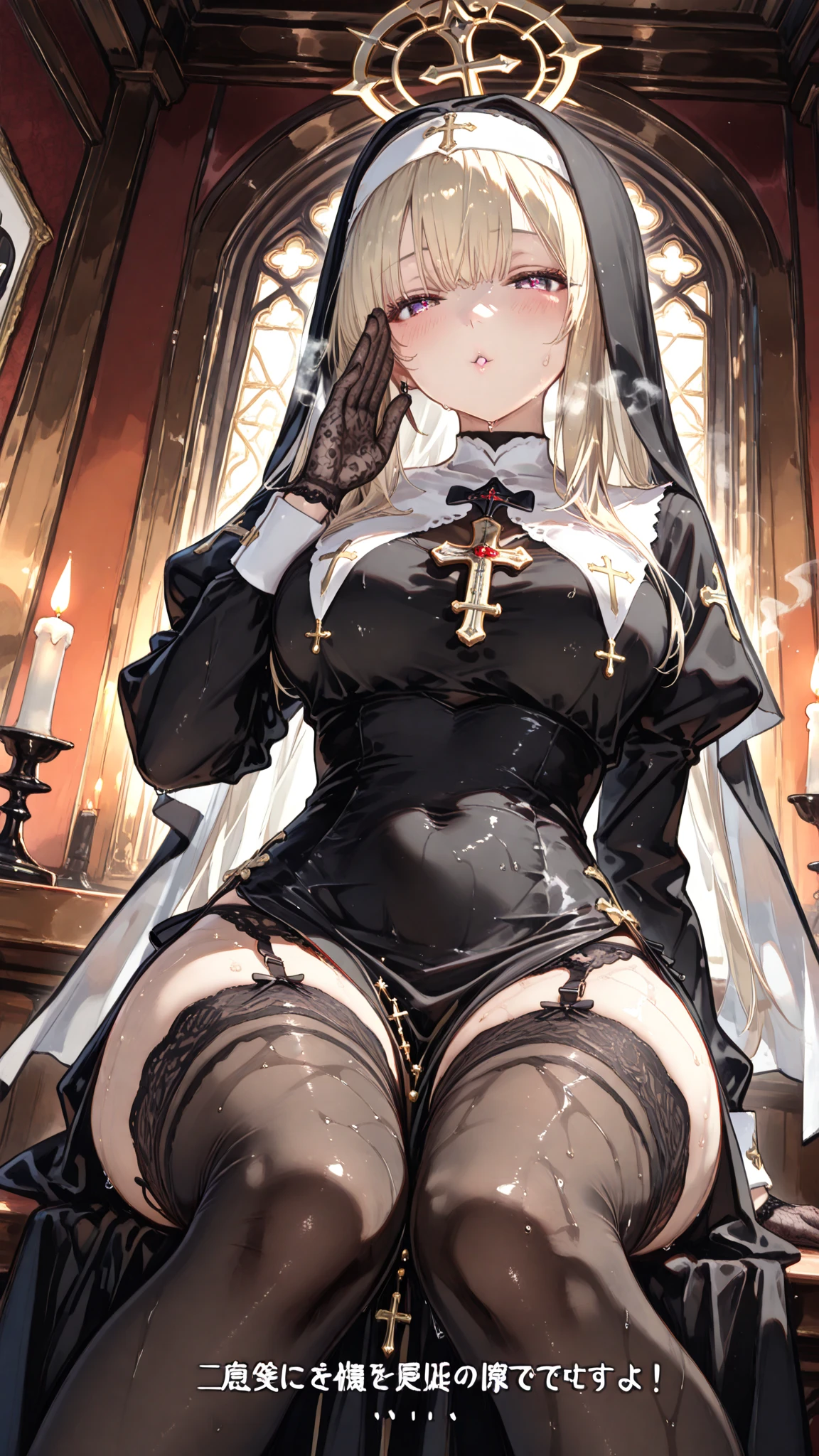 ((Highest quality)), ((masterpiece)), (detailed), One person, sexy. clergyman. Nuns.Long Breasts. Big ass. Thick legs. pale skin. Long Breasts. slit.