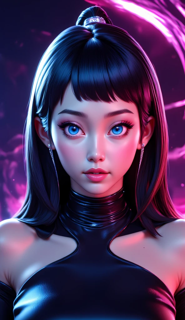 An exquisite masterpiece of top quality and high resolution featuring Marnie. Big sleepy eyes, Aqua eyes、Glowing under the dim light. black short hair, only head and shoulders, magazine style, pink top, russian girl, hyperrealistic. Android 17
