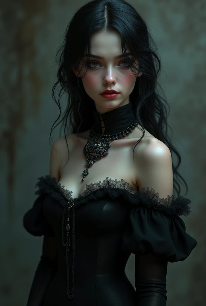 gothic teenager, gothic black dress, with black hair. giant neckline, 30 cm high. blue eyes. pale and white skin. big breasts and slim build. linda.