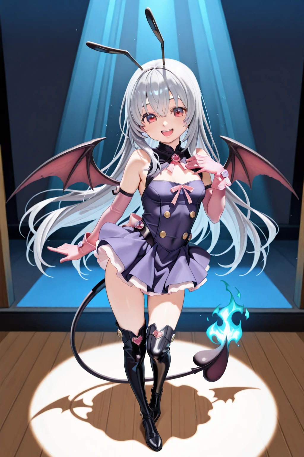 tachi-e, game cg, Highly detailed and realistic CG, Colorful, Masterpiece, Best Quality, jewel-like eyes, 1girl, solo, black hair, shiny hair, long straight hair, very long twintails, slender, skinny legs, succubus girl,succubus luxury dress, mini skirt, succubus boots, aqua blue eyes, flat chest, black elbow gloves, latex, smirk, smile, jitome, half-closed eyes, tsurime, simple background, from pov, best quality eyes, sharp teeth, tsundere, standing, contrapposto, hand on hip, (shiny skin:1.0), succubus wings, succubus tail, mesugaki, teasing, smug, cute girl, , open mouth, fangs, tongue out, pointy ears, pink heart tattoo, (Sharp Focus:1.2), Thin arms, Thin legs, outline, Evil Female Executive Succubus,