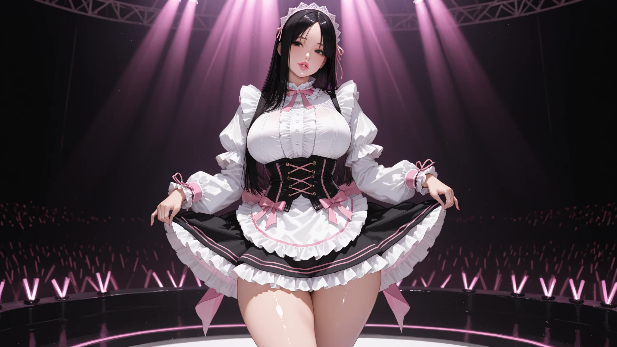 masterpiece, ((Highest quality, Detailed and realistic 3D))、Idol Concert、((Concert Stage、Concert Venues))、(3 人のcute裸の女の子、cute:1.3、Slim figure:1.4、smile、sing、dance、Mr.々Hair style、pubic hair、fun、Open Stance:1.2)、(((Full nudity、Pussy)))、(Realistic and detailed skin texture、Big beautiful eyes、Ribbon Hairband、Idol Costumes、Ultra mini skirt)、((The characters are unique、Mr.々Hair style