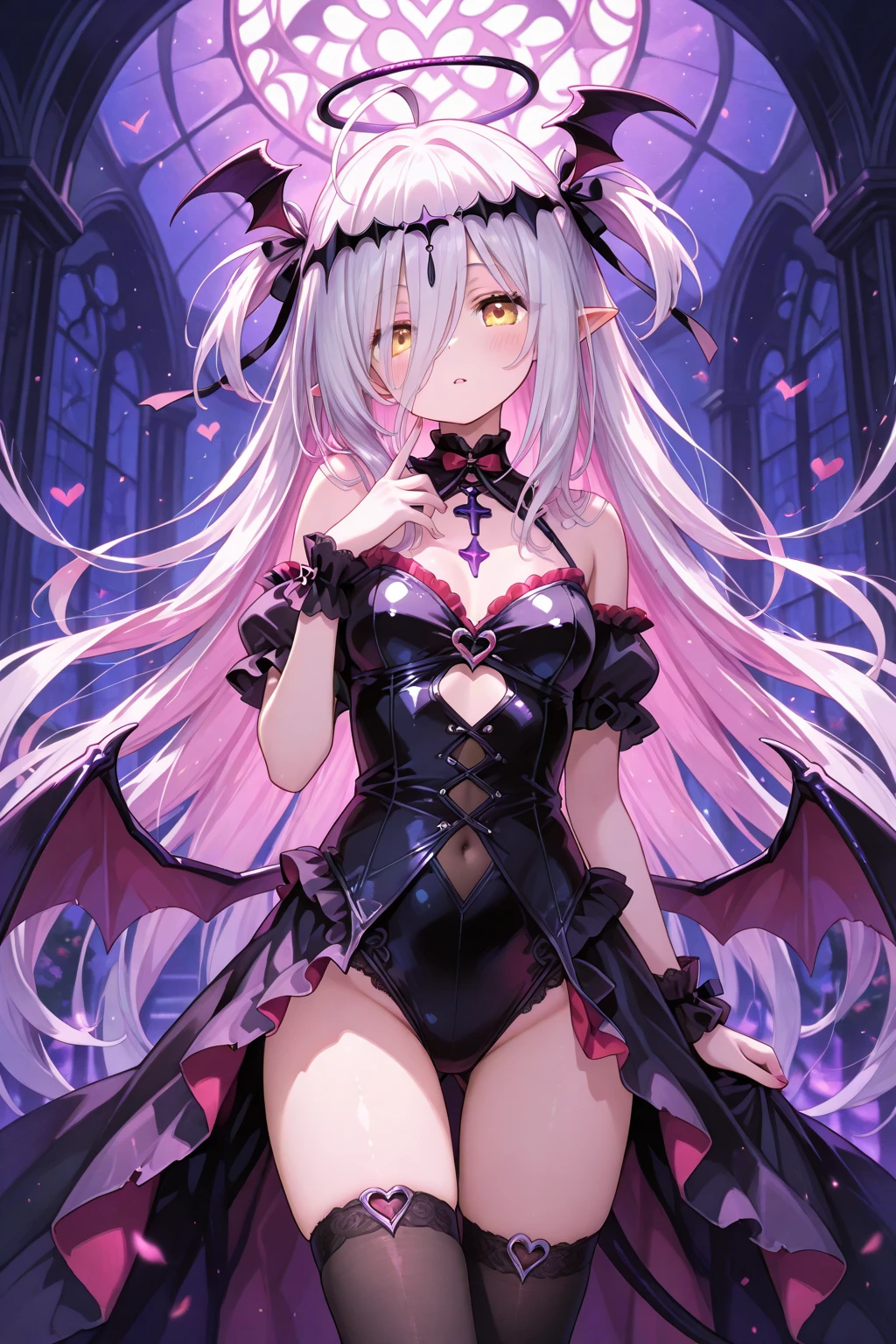 NSFW,masterpiece,Highest quality,High resolution,Very detailed,white\(no game No life\),Small breasts,Multicolored Hair,Gradient Hair,Bad smile,blush,(devil),devilの角,devilのしっぽ,devilの羽,High-quality black frill dress,leotard,Fishnet tights,Bossy Pose,Abandoned Castle