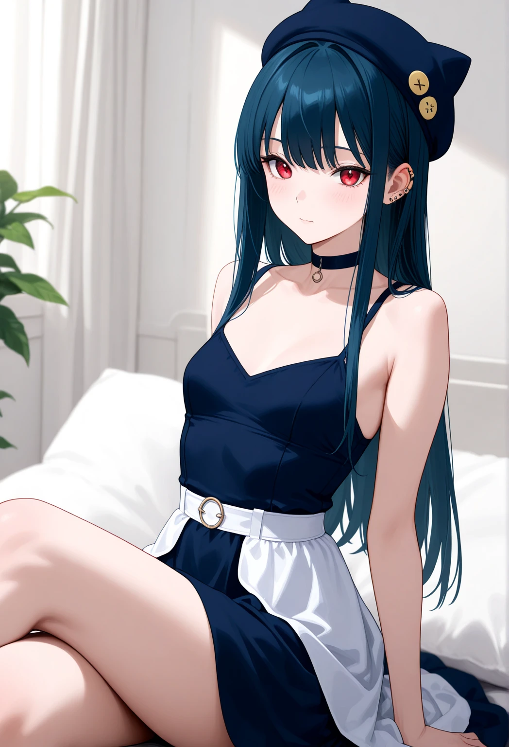 NSFW,masterpiece,Highest quality,High resolution,Super detailed,dawn_\(pokemon\),blue eyes, Blue Hair, Long Hair, Side Lock, Hair Clip, Beanie, Black Dress, No sleeve, Pink Skirt, scarf,Embarrassed,blush,Luxury lingerie shop,(Underwear section),Luxury stores,(Male clerk),A man rubs his chest