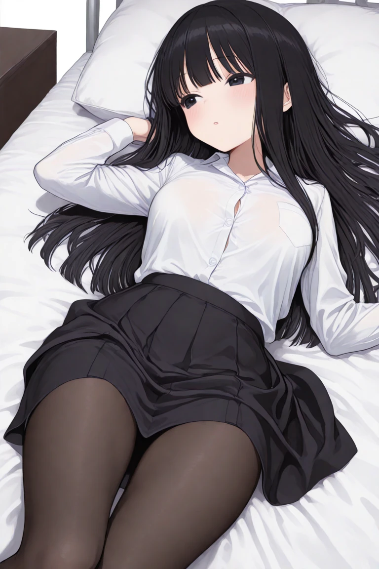 , solo, lying, blush, on bed, indoors, lying on bed, black pantyhose, long hair, asymmetry bangs,medium breasts, over sized long sleeve white shirts, see-through shirts, looking at viewer, from below,