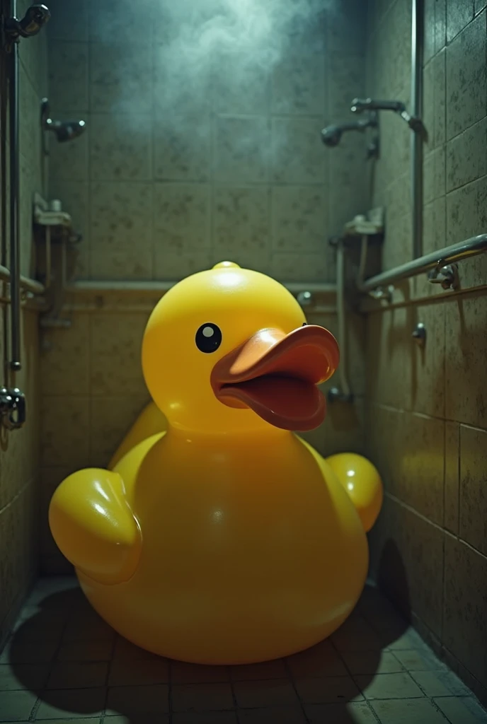 a small rubber duck in ((scrbackrooms)), wide shot