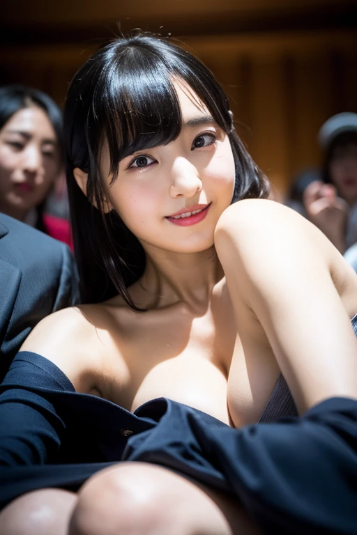 (and soul)、(secondary mysterious、Pisces、1 girl、blue hair、hair length、((French Twist))、blue eyes、gradient eyes、sparkling eyes、bright eyes、finely tuned、expressive eyes、nude, topless, tight breast, ripe breast, plump, vulgar naked, share armpits、gem、blue lighting、blue theme、(shape:1.5)、abstract、highest quality、Super detailed、(((in crowd of seminar persentation)))、high-tech gas mask,
