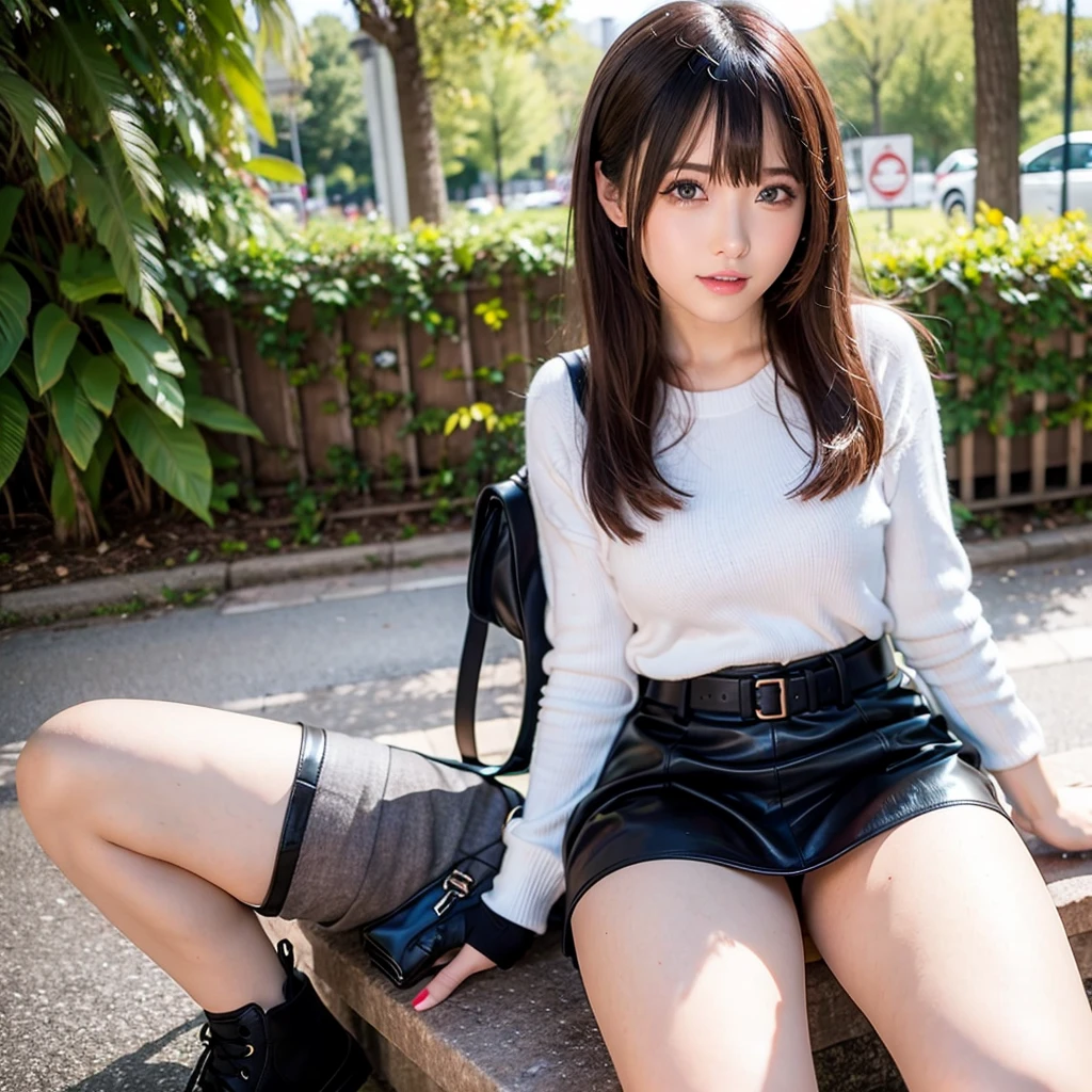 (Climbing the hills of the city、18-year-old female:1.5)、(Gentle smile:1.2)、(The best quality at its best:1.4), (Super detailed), (Very detailed CG unified 16k), Beautiful woman with perfect figure: 1.4, Sharp focus: 1.2, Very detailed, High-quality RAW color photos, Professional photography, Great face and eyes, cosmetics, (Amazingly beautiful girl), ((Black coat、White blouse、Denim mini skirt、Black Stockings、Black boots:1.5)), Sexy posture,(View from below), Realistic movie faces, Full body long view from head to toe, Realistic, ((Realistic natural orange red hairstyle)), ( Short Bob Hair:1.5), (necklace:1.5)、, Very beautiful face, Perfect model beauty, Mouth swelling, Highly detailed face and skin texture, Fine grain, double eyelid, Medium chest, smile, (masterpiece), highest quality, High resolution, Very detailed, Blurred Background, Depth of written boundary, Cinema Lighting, Great legs, , Clear, well-maintained skin,