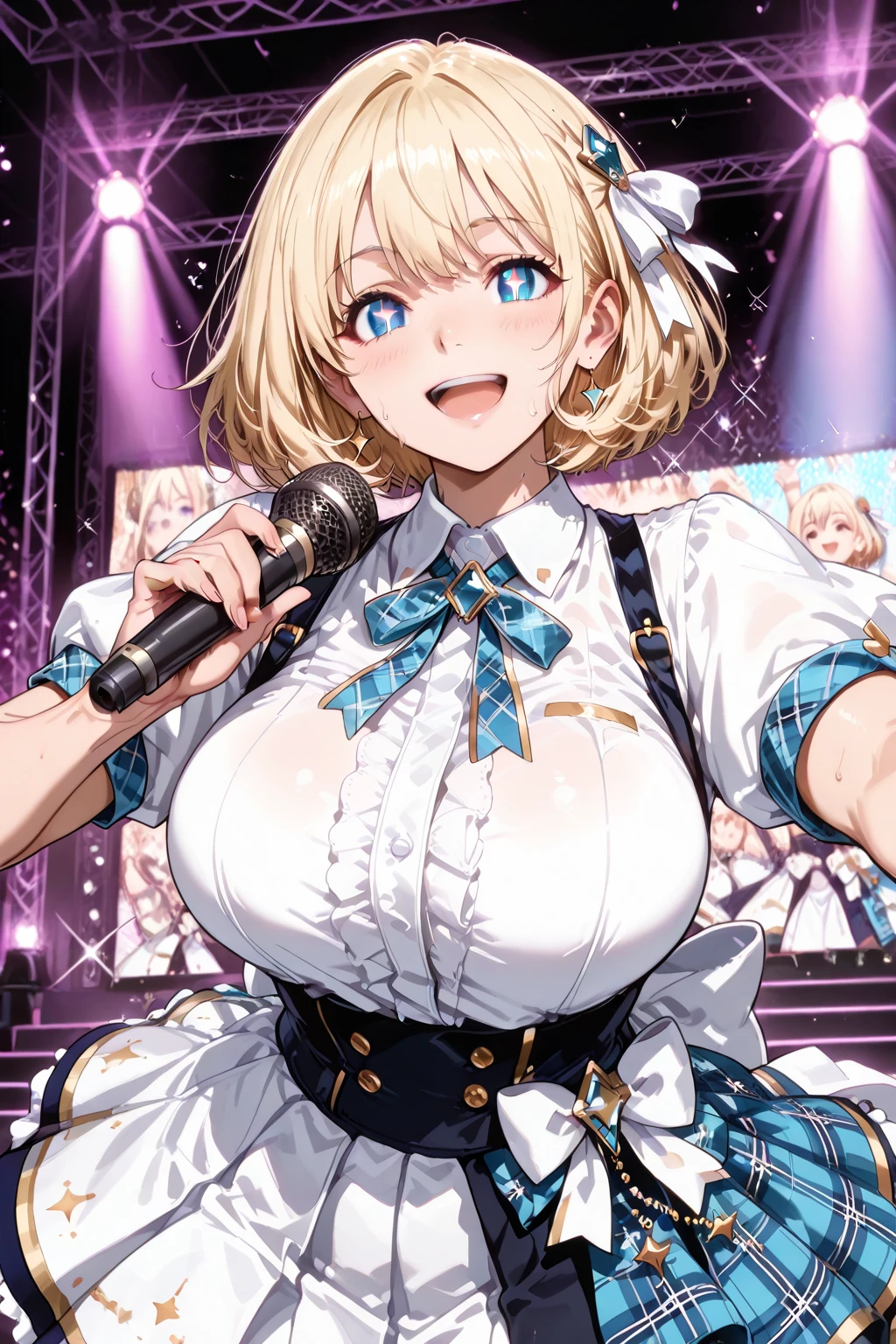 blonde hair, short hair, one side up, hair ornament, blue eyes ,, large breasts, live stage, solo nipple