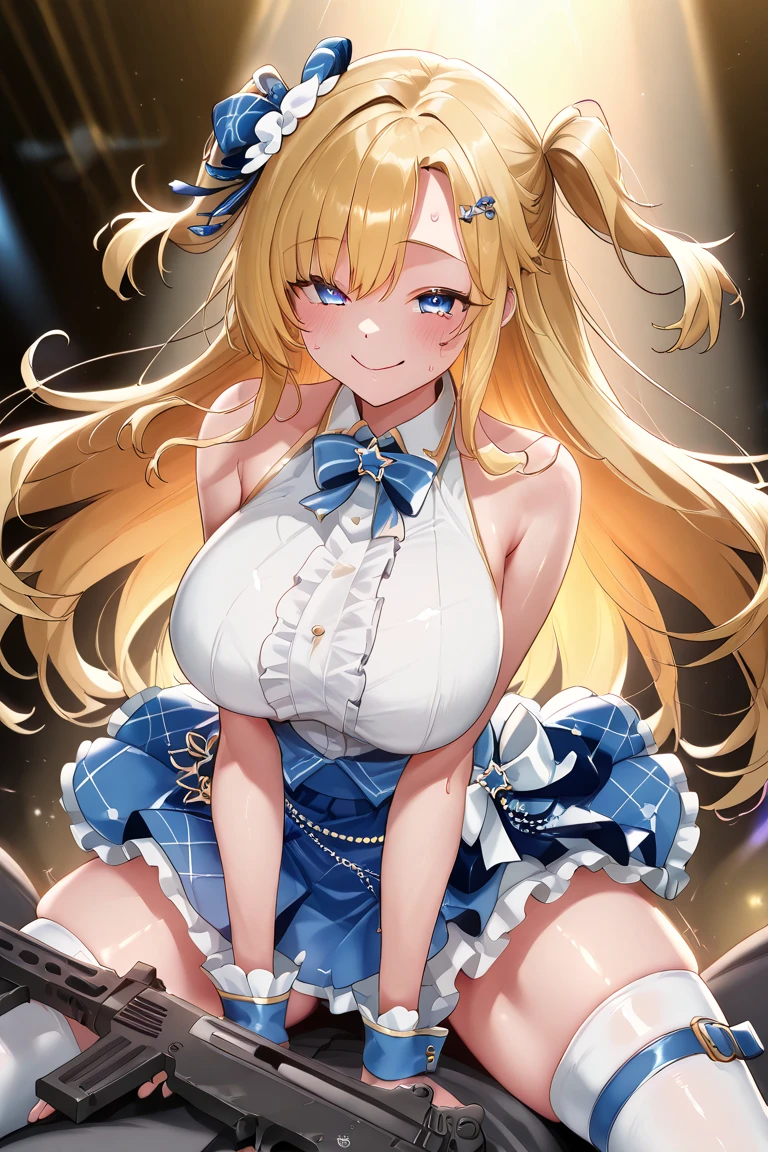 idol costume、frills、ribbon、puffy short sleeves、little princess pichi,huge breasts,young girl,small 、squat with legs apart、striped panties、striped underwear,Please open the white love juice on your thighs.、Drip a large amount of love juice、blush、embarrassed look、colorful costumes、large amount of liquid leaky panties get wet、Panties are transparent、tiara