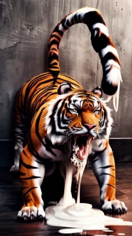 HD graphics，Detailed and realistic，high detal，high qulity，photo-realistic，photorealistic eye，Detailed paws，Masterpiece artwork，top-quality，32k，hyper HD, ((((feral tiger)))), ((((on all fours, raised tail,  huge balls, hyper flared penis, erected, excessive cum, hyper cum splatter, cum explode, cum strings, cum all the way through, all the way through, butt to wall)))), ((((cumplosion, mouth cumplosion, gaping mouth))))
