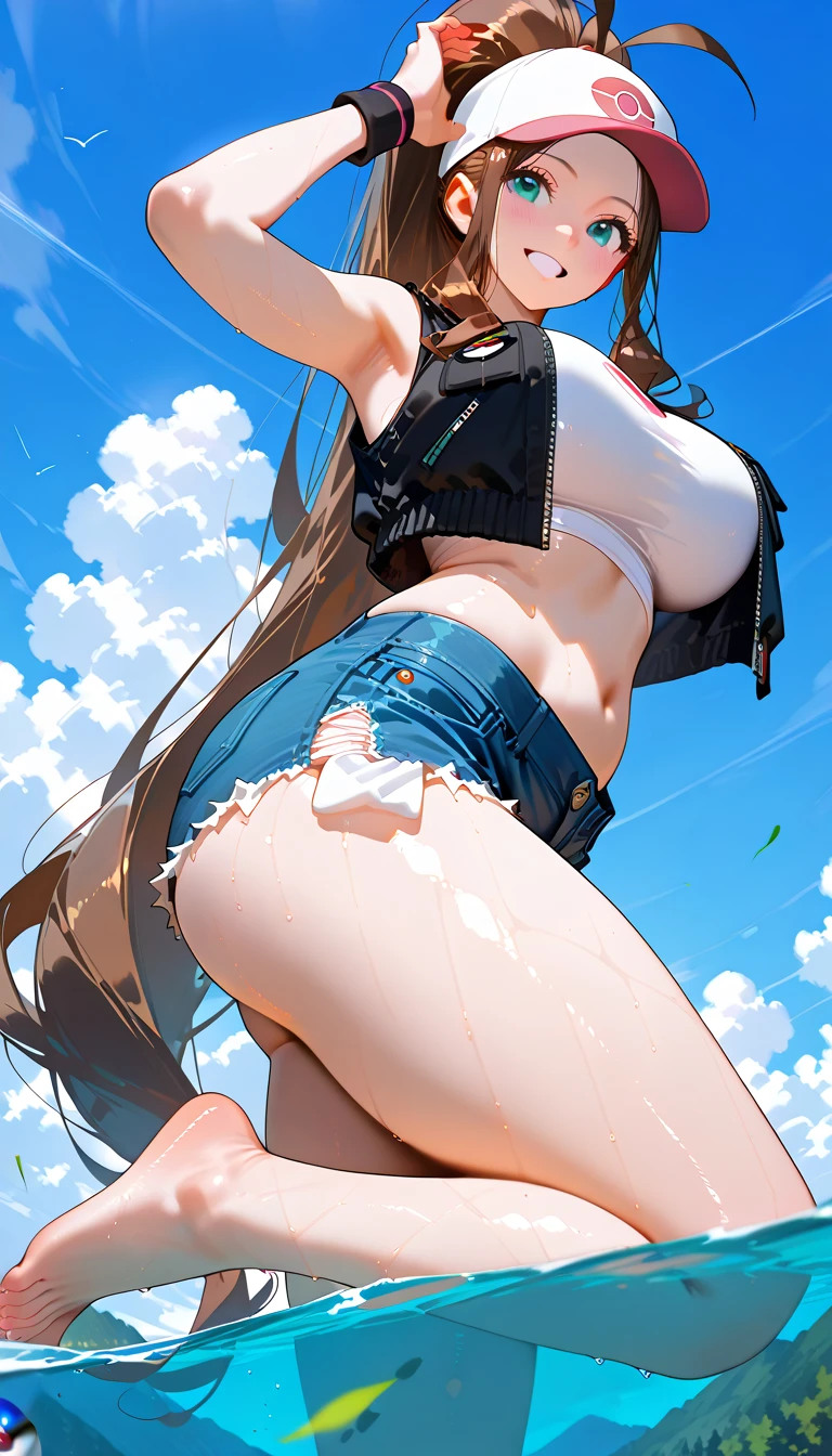 (8K、Highest quality、Highest quality、masterpiece)、Detailed face、One Girl、(Brown Skin:1.2)、Long Hair、Blue Right Eye、Yellow Left Eye、Heterochromia、Grin、(Bikini top Only、BikiniTop、Bikini Top、Denim hot shorts、Open Shorts、Unziped shorts、Mini Shorts、No Panties、NoPanties、Sexy pose、Suggestive pose、Spread pussy under shorts、frontal wedgie、wedgie、Spread vagina under shorts)、labia view、Beach、cloud、vagina、Spread Vagina、spread pussy、Big Breasts、