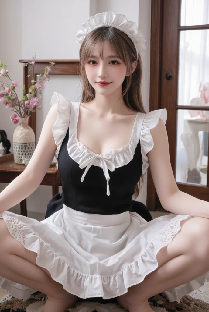 (8K, Photorealistic, Raw photo, of the highest quality: 1.3), (1girl in), Super beautiful, (Realistic face), (boyish, Silver Color Berry Shorthair), Beautiful , Glare that captivates the viewer, Beautiful expression, Beautiful breasts, (Realistic skin), Be...Super high quality, super high definition, super detailed, masterpiece, 20years old, female, cute, perfect face, beautiful, nice body, gothic lolita clothes, gothic lolita fashion, frilly skirt, headdress, necklace, bracelet, knee-high socks, boots, double eyelids, tear bags, Detailed down to the fingers, photo-like description, indoors, dim indoor lighting, blonde hair, pony tail, standing, whole body, composition that shows the whole body, smiling
