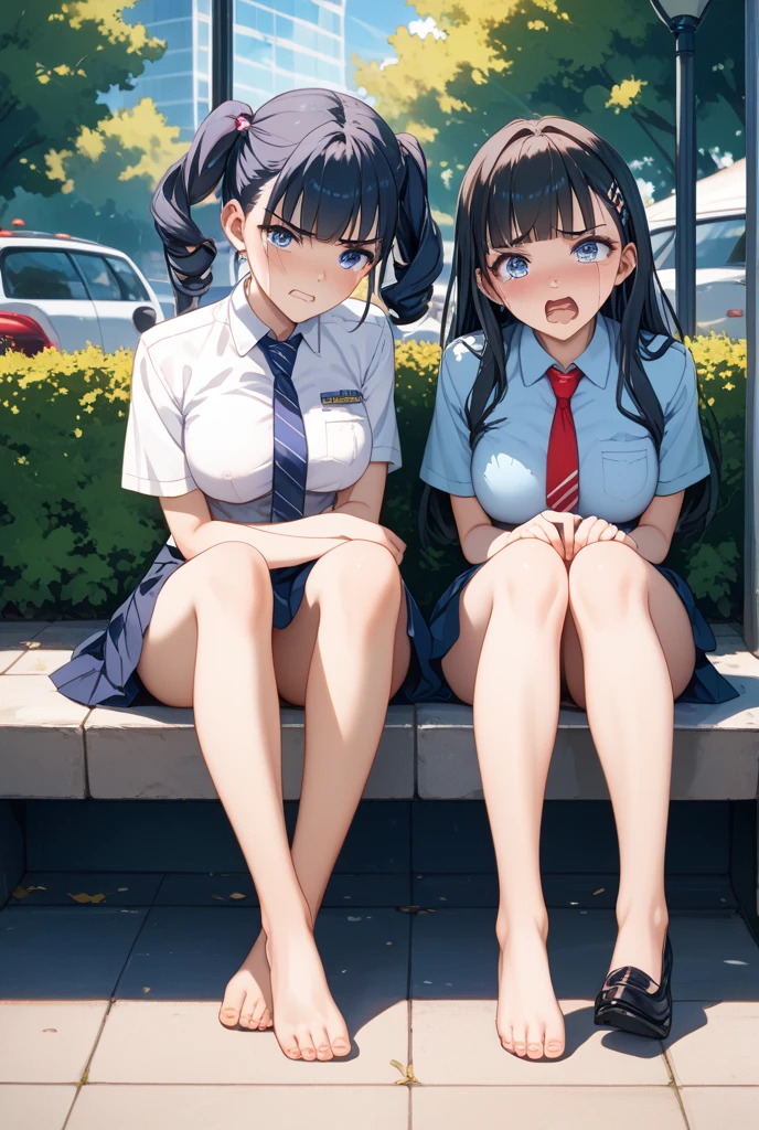 Highest quality, Ultra-high resolution, (Realistic: )2D official style cel animation,((2Girls sitting in a row))high school girl、Twin tails、ponytail、White Big Ribbon、Glasses、Blue Check Mini Skirt,Summer Shirts,Unbutton、(Lace panties、Lace bra),loose socks,sneakers,Full body portrait,(From below),Station stairs,sunny,Spread your legs、from the front、blush、