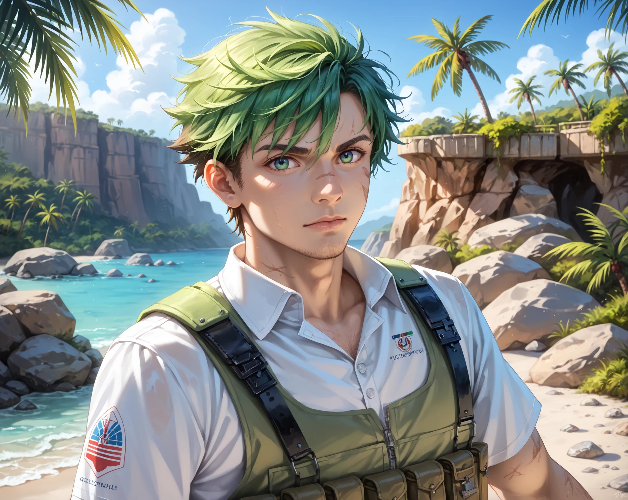 A muscular man wearing green and white fitness clothing，Cool hairstyle，Beach，