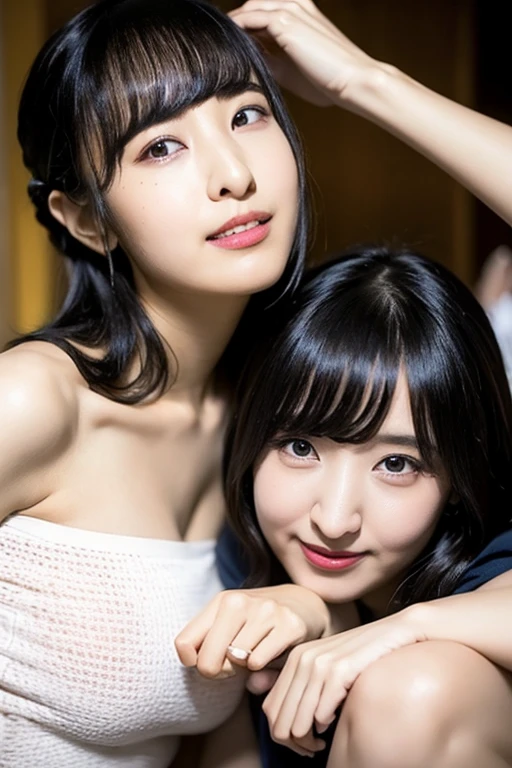 (lying prone),(from above:2),(Highest quality, Very detailed, masterpiece:1.2), 1 female, Very thin body, length, Thin legs, ((Black wavy short hair:1.2)), ((Thick and fluffy bangs)), Very detailedな顔,A faint smile, small, Thin Nose, small thin mouth, Extremely sharply focused eyes, Japanese, Beautiful Face, Realistic eyes, Beautiful and beautiful eyes, Realistic Skin, Beautiful Skin, charm, (Lively Faces), (flowing summer dress camisole evening), Creepy and unique hairstyles, High resolution, Vibrant color palette, , Tim Burton&#39;s signature dark shadows and strange details, ,background