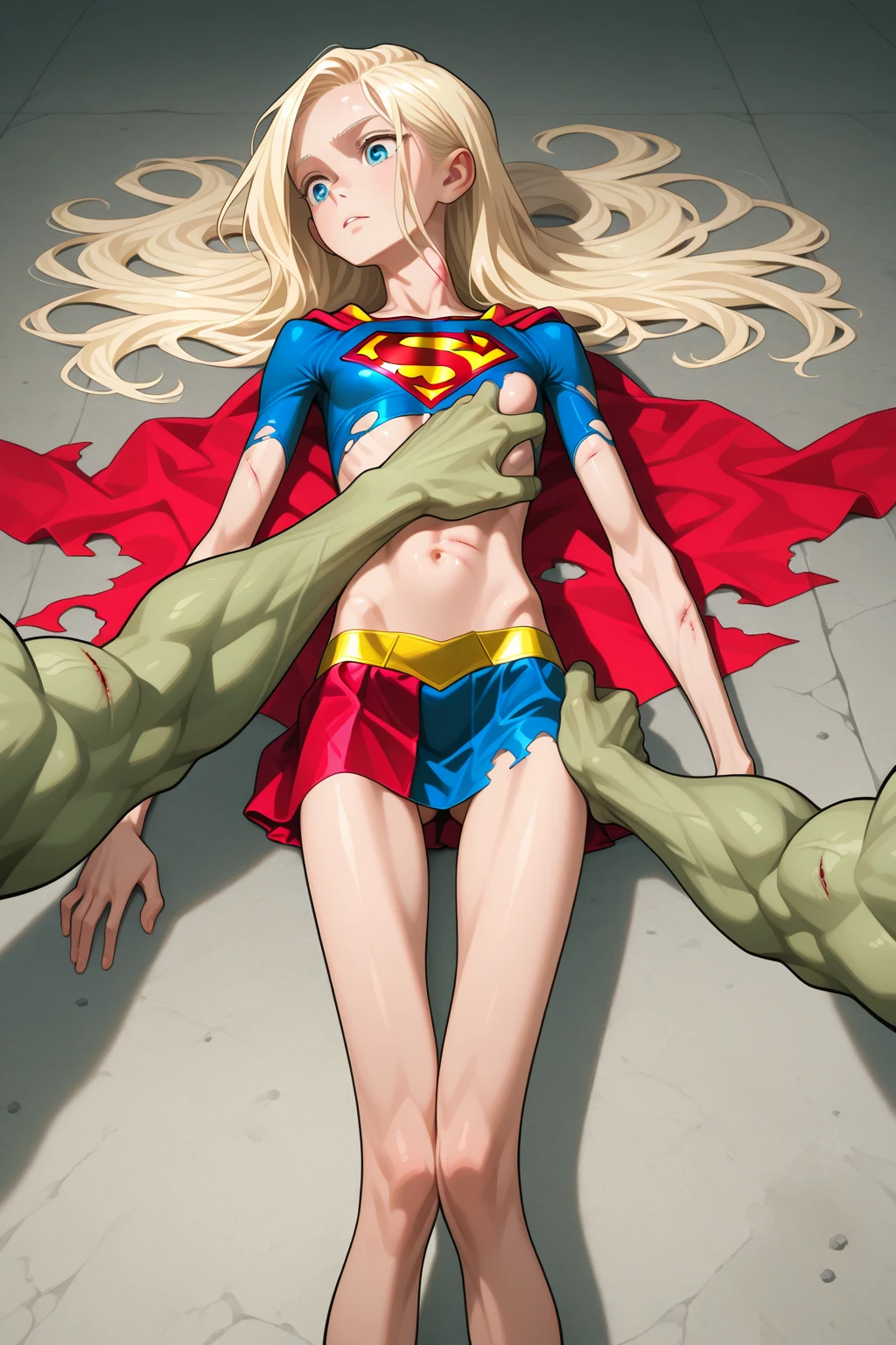 highest quality、complete limbs、Beautiful woman、solo、((brown haired woman:1.4))、((A woman with a tied hairstyle))、(((big breasted woman:1.3)))、((Woman in Supergirl leotard:1.3))、(((A woman surrounded by countless red tentacles)))、(Tentacles wrap around a woman's body)、(The tentacles are wrapped around the woman's arm.)、(The tentacles are wrapped around the woman's legs.)、((The woman is crying out in pleasure:1.1))、((The woman is panting with pleasure:1.2))、(((Three tentacles inserted into a woman's pussy:1.5)))、(((A woman whose entire body is soaked with mucus:1.3)))