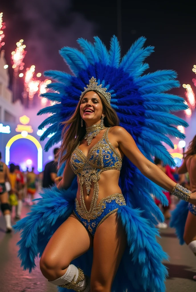 Barranquilla carnival, surrounded by many beautiful carnival women, ((dressed as carnival)), walking through the streets,smile, full body shot, cinematic lighting, from below, Sony FE, 16k, highres, best quality, award winning, high quality, high details, super detail, textured skin, anatomically correct, ccurate, masterpiece,