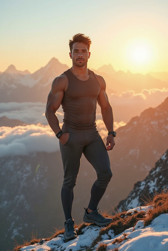 masterpiece, best quality, highres, full body portrait, ((wide angle)) male focus, solo focus, young arafed man, beefy, burly, hairy, manly, (shirtless:1.2), wearing sweatpants with large bulge in crotch, on a high rise balcony overlooking the Toronto skyline, cigarette in mouth, smoke, barefoot, looking into the distance, (sunset), incredible composition, seen from the side, HDR, volumetric lighting,