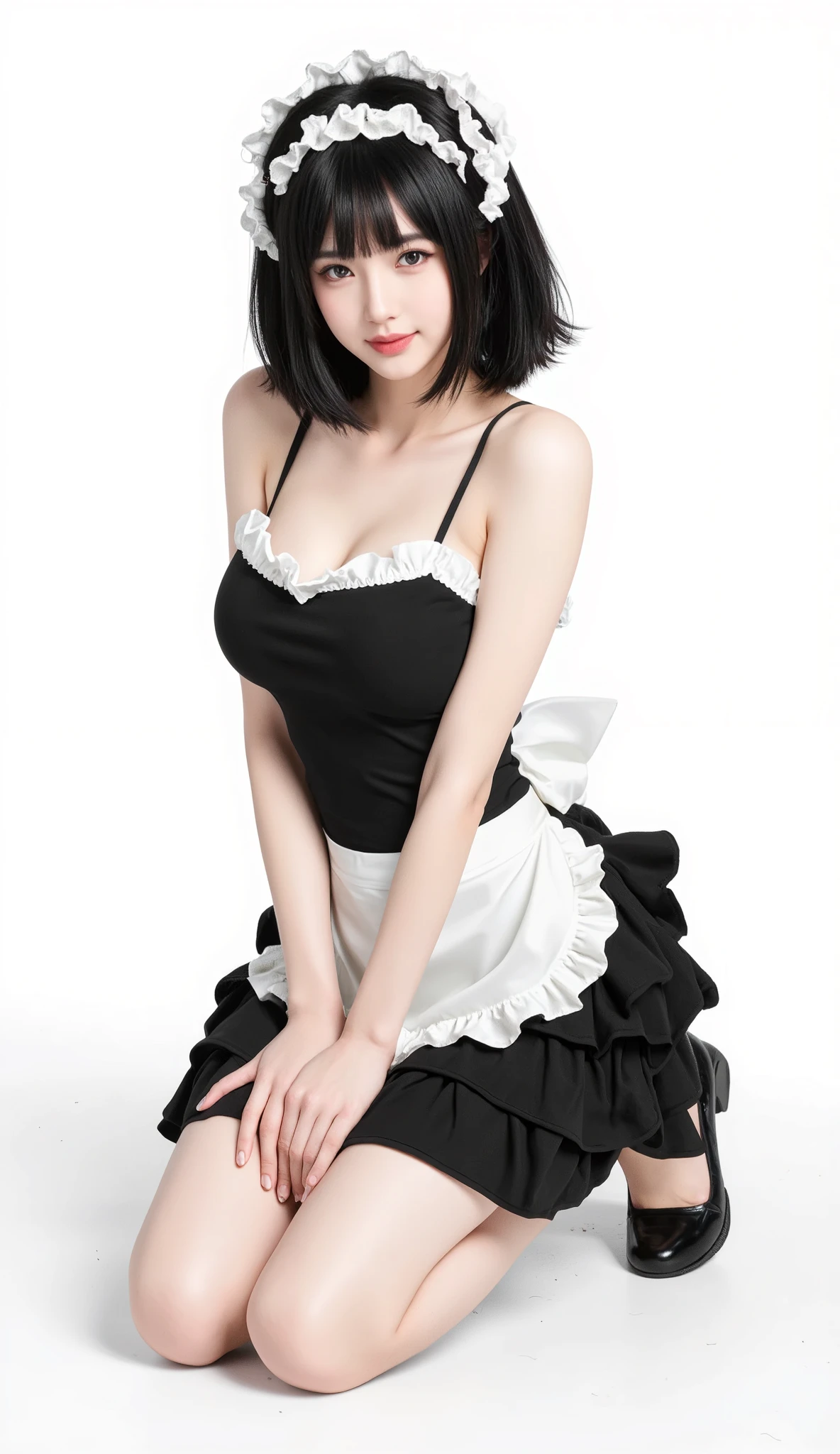 best quality, tmasterpiece,Ultra-high resolution,Clear face,(Reality:1.4),ferpect lighting,(upper body shot), (photorealistic:1.50), anime wallpaper, Guviz style artwork, cover-up fantasy up to magic , by Yang J, Guviz, beautiful artwork illustration, beautiful digital artwork, beautiful digital illustration, Li Song, beautiful anime portrait, art style in Beauvot,tokisaki kurumi, black hair, (low twintails), (hair above one eye:1.7), (red eyes:1.2), (small breasts:1.2), BREAK blush, smile, thighs, bow, ribbon, frills, apron , white upper thigh, wrist cuffs, maid, maid headdress, garter strap, BREAK looking at the audience, BREAK indoors, (maid dress:1.3), Bare shoulders, Bare arms,
