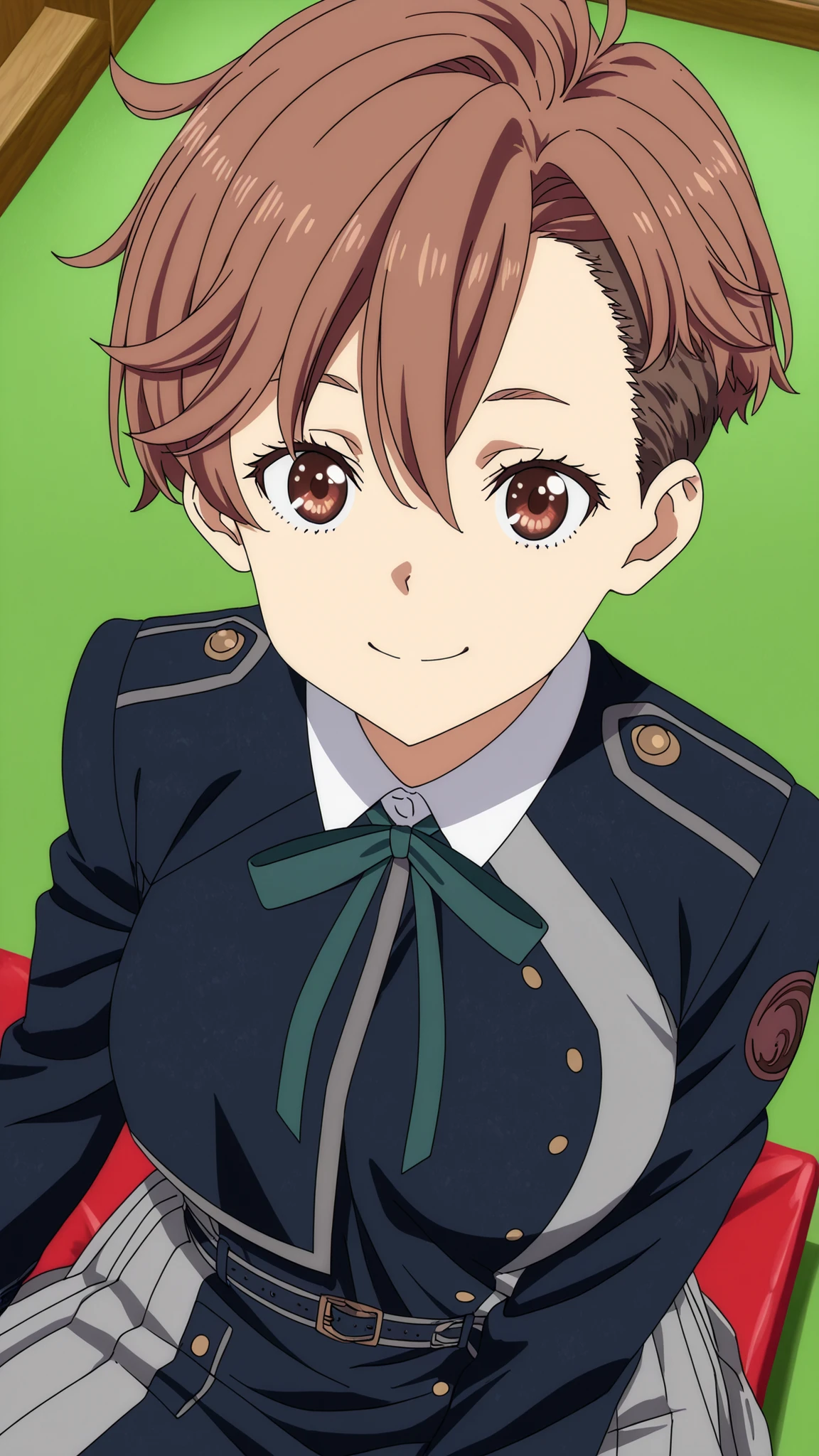 sakura otome,lycoris recoil
High quality , best quality , masterpiece, High Resolution , detailed face( LoRA: sakura),anatomically correct, detailed hair(LoRA: sakura) ,detailed bangs(LoRA: sakura),anime coloring,
solo, 1 girl,
very short hair, bangs, brown hair, brown eyes, medium breasts, undercut, hair between eyes ,
shirt, dress, ribbon, school uniform, white shirt, collared shirt, belt, neck ribbon, blue dress, green ribbon, pleated dress, grey dress, two-tone dress, lycoris uniform,,
close up , looking at viewer ,upper body,from above
Japanese-style room
, smile, ,
,sitting