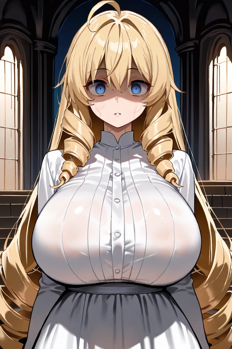 Expressive eyes, (((1 girl))), ((anime)), (blonde, Long Hair,), (blue eyes), (Half closed eyes), ((Very large breasts)), ((slightly protruding nipples)),  ((Cleavage))，(Exposed breasts), ((Exposed thighs)),((Nuns，See through))，High Slit Skirt, ((Side bust，Underbust))， ((Blunt bangs)), ((Western-style building，corridor)), Captivating smile, Princess Cut, Shiny Hair,，(masterpiece),  Anatomically Correct Art, Very detailed, Advanced Details, high quality, 最high quality, High resolution, 4K, 8k, 