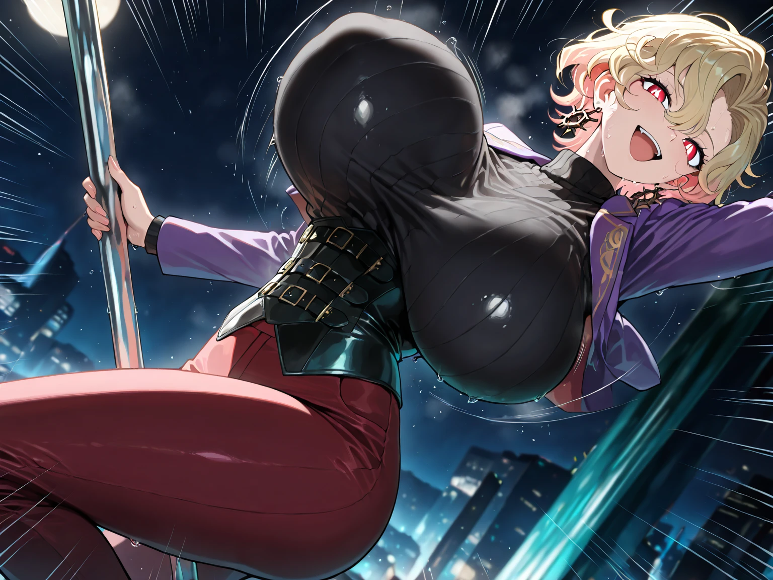1girl, alone, desumi magahara, short hair, blonde hair, green eyes, black gloves, pink suit with details black, cleavage, big breasts, medium waist, wide hips, medium thighs, round butt, cape, decorations boned, elbow-length gloves, thigh-highs, thigh-high boots, black boots, black suspenders, choker with skull detail, pink leotard with black details, black cape, outdoors, cityscape, leaning, smile, alone, dutch angle , looking at the viewer, from the front, pov (from below), perfect antonia, perfect hands, cowboy shot,
