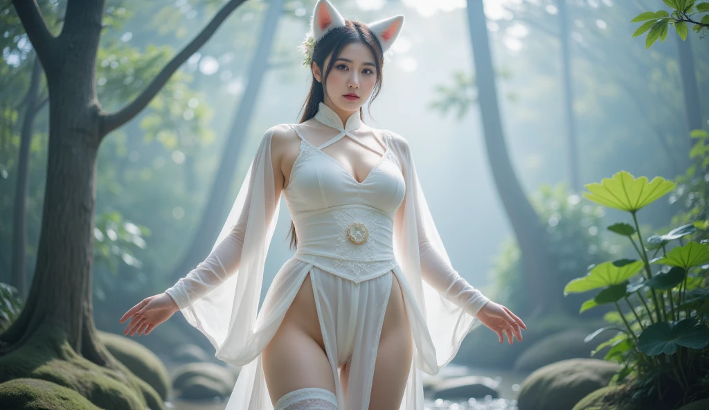 shinano cosplay costume, cosplay, thighhighs, high heels, see-through, fox tail, multiple tails, In the depths of Wonderland，The moonlight falls like water，foggy room，The figure of the heroine is vaguely visible，Just like the fairy in the painting，Slender sexy legs，Beautiful big breasts with a hint of mystery。Her face is beautiful and delicate，Like finely carved jade，Showing otherworldly beauty。The eyebrows are picturesque，Long eyebrows to temples，The waves in my eyes are like twinkling stars，Show the light of perseverance and wisdom。The bridge of the nose is straight，Lip color like cherry，The slightly raised corners of the mouth reveal confidence and calmness。Her face is well defined，The skin is as fair as jade，Reveals a healthy glow，Not like a fairy&#39;Don’t eat the fireworks of the world。Her makeup is light and delicate，Not too much embellishment，But enough to show her temperament and charm。Light-colored foundation brings out the transparency of the skin，A light eyebrow pencil outlines her perfect eyebrow shape，Eye makeup is eye shadow and eyeliner，Make her eyes brighter and more energetic。Lips painted with grace lipstick，Adds a bit of charm and sophistication。Her clothes are graceful and chic，Wearing white clothes to win the snow，Clothes flutter，It seems like it will be blown up by the wind at any time，drifting into the distance。Beautifully embroidered patterns on clothes，Without losing grace，Also showed her extraordinary skills。A wide belt is tied around the waist，There is a crystal clear jade pendant hanging on it，Rocking with her movements。Her hair is tied back casually，Secure it with a hosta，A few strands of hair are fluttering gently in the wind，Adds a bit of softness。Her figure is looming in the fairyland，Like a landscape of Beautiful big breasts，attracted everyone&#39;s attention。She seems to be an elf in fairyland，Beautiful big breasts、grace、mystery、and full of power。