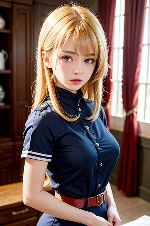 Photorealistic, highest quality, Highest quality, masterpiece, Ultra-high resolution, Raw photo, Realistic, Bright lighting, smile, ((Cabin-attendant uniform:1.4)), Face Light, Smooth Professional Lighting, Looking at the camera, alone, Adult women, Beautiful woman, Super Beauty, Realistic skin, Moisturized Skin, Realistic eyes and faces, Perfect model body shape, Beautiful Eyes, Big eyes, Inconspicuous tear bags, slim, Medium sized breasts, Beautiful fingers, (((Very short hair:1.4, blond Hair:1.3))), blue eye, seems to be happy,