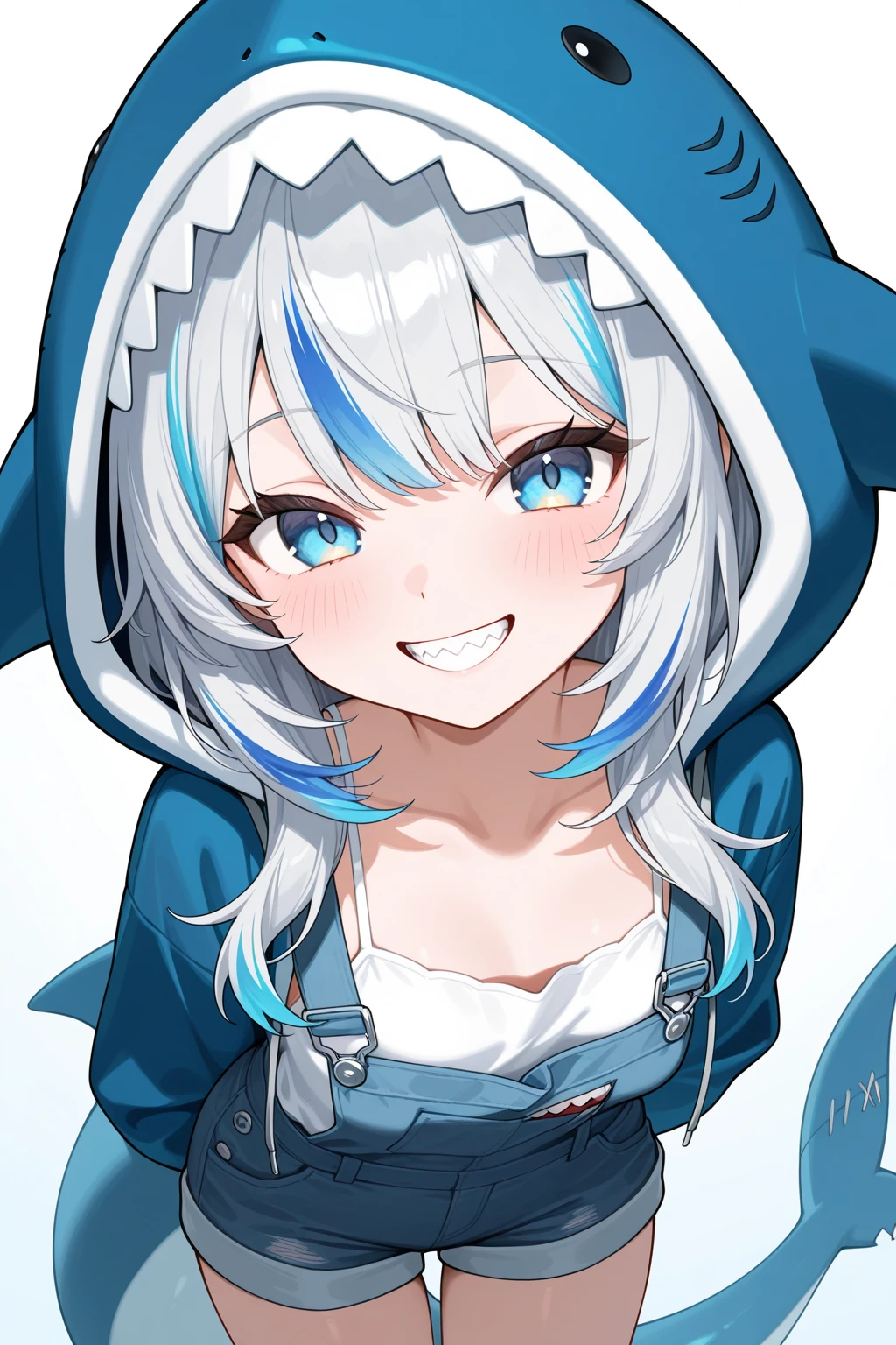 best quality, intricate details, 1girl, white hair, blue eyes, sharp eyes,messy hair, blue highlights, sharp teeth, blue hoodie, shark teeth design, bare legs, hair ornament, gawr gura, shark girl, shark tail, shark print, blue hoodie, sharp teeth, animal hood, shark hair ornament, <lora:gawrGuraHololive_v2:0.8>