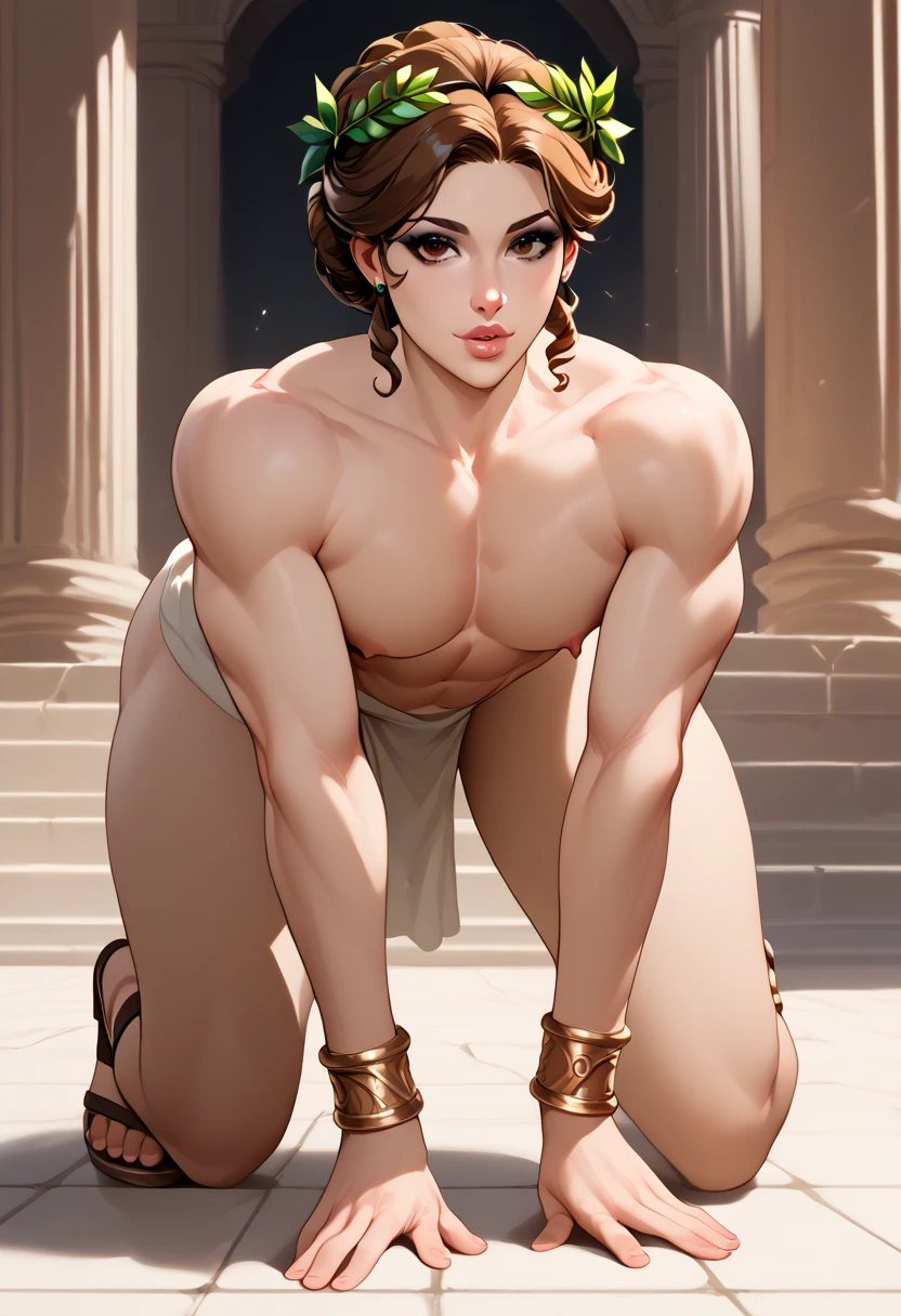 A NSFW neoclassical painting of the Greek Goddess Athena, a beautiful divine greek warrior and sensual naked woman with brown hair and fierce gray eyes. She is showing her beautiful bare ass and looking back. View from behind her.
