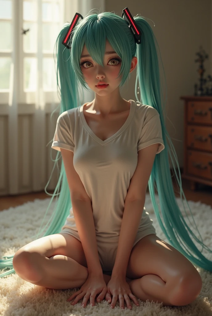 Hatsune Miku all over her body she is all naked room shows her look at me very seriously facing