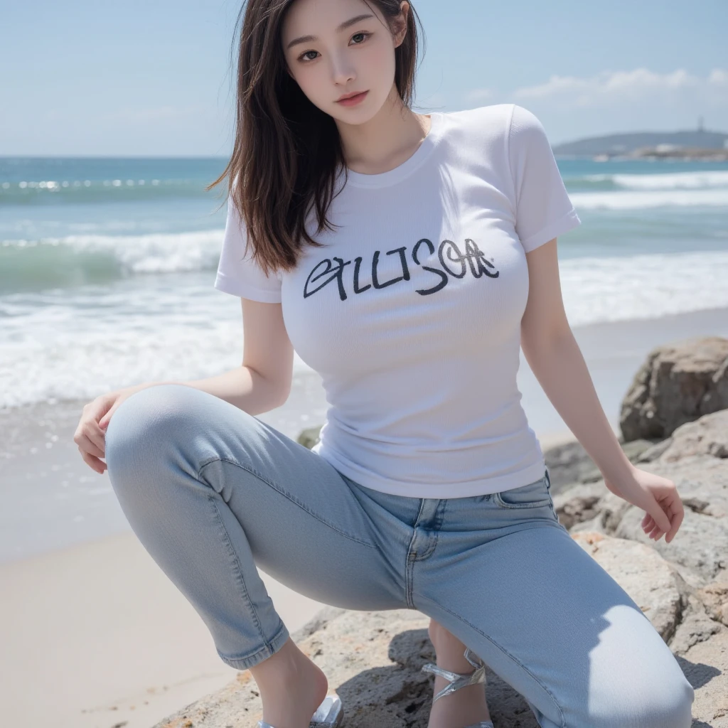 (Highest quality, masterpiece, Photorealistic, Super detailed, Ultra-high resolution, born:1.3), One person, cute, Japanese, smile, bangs, (Big Breasts),  (Low-rise XL, between legs), T-Shirts, Skinny jeans, belly button, (sneakers, Beautiful feet, whole body:1.2), Main Street, From below