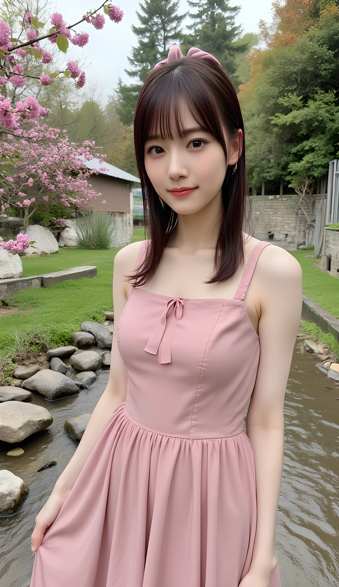 full body shot with mahiru、Woman standing directly in front of the camera、The expression of a smile looking at the camera、(greatest masterpiece:1.2), ( Original photo :1.2), professional photography, double eyelid, long eyelashes,Perfect Makeup Reals for Beautiful Skin,Perfect Anatomy,(I'm wearing a pale pink dress:1.3),(ponytail hairstyle:1.8),The background is a campsite with a beautiful river flowing