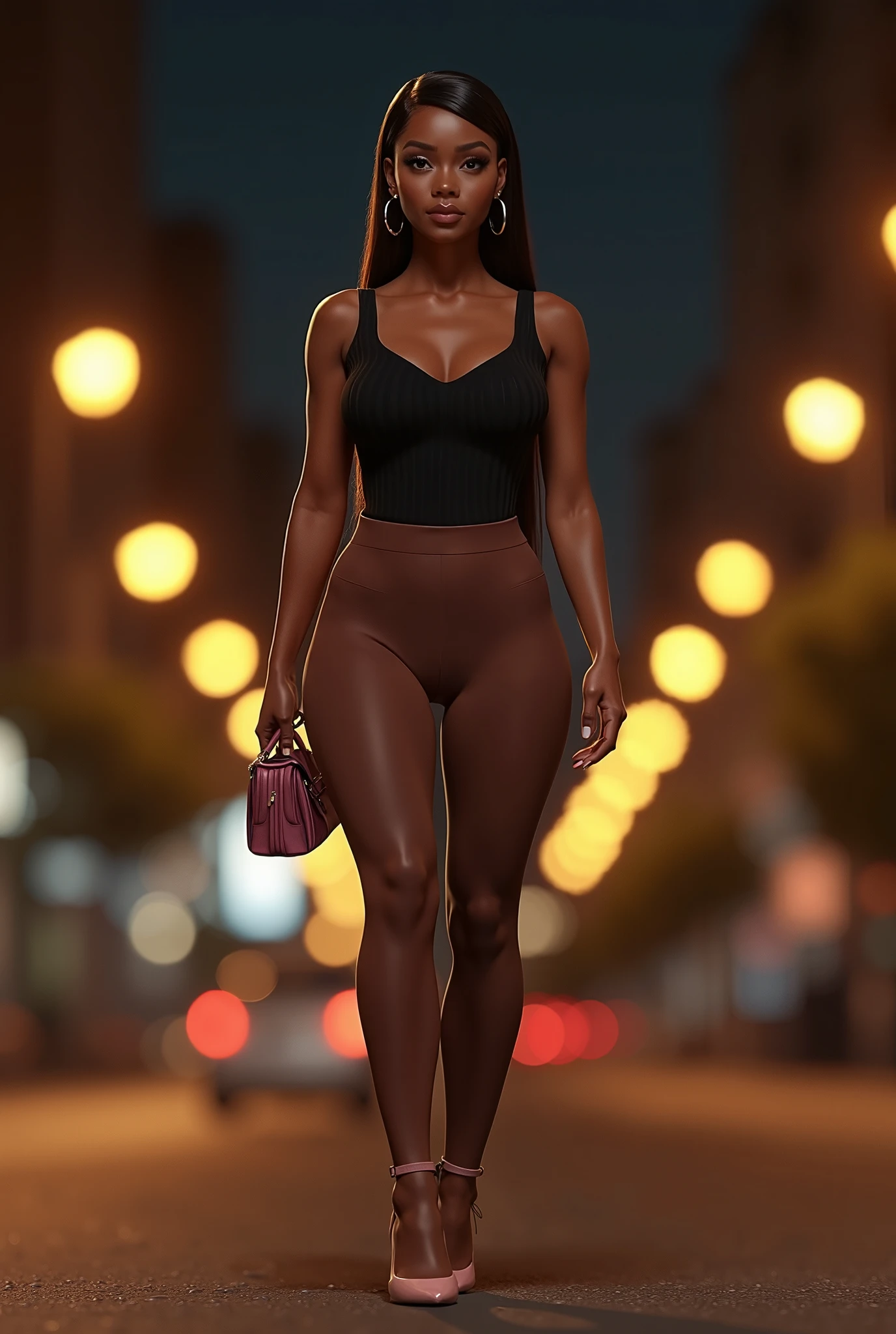 ((Realistic lighting, Best quality, 8K, Masterpiece: 1.3)), ((Clear focus: 1.2)), 1 girl, ((Perfect Figure: 1.4)), ((Slim Abs: 1.1)), See through, tight clothing, ((african, dark skin, tanned brunette girl, wavy hair)), (panties: 1.4), (Striped crop top: 1.4), (Outdoor, Night: 1.1), City streets, Super fine face, Fine eyes, Double eyelids,