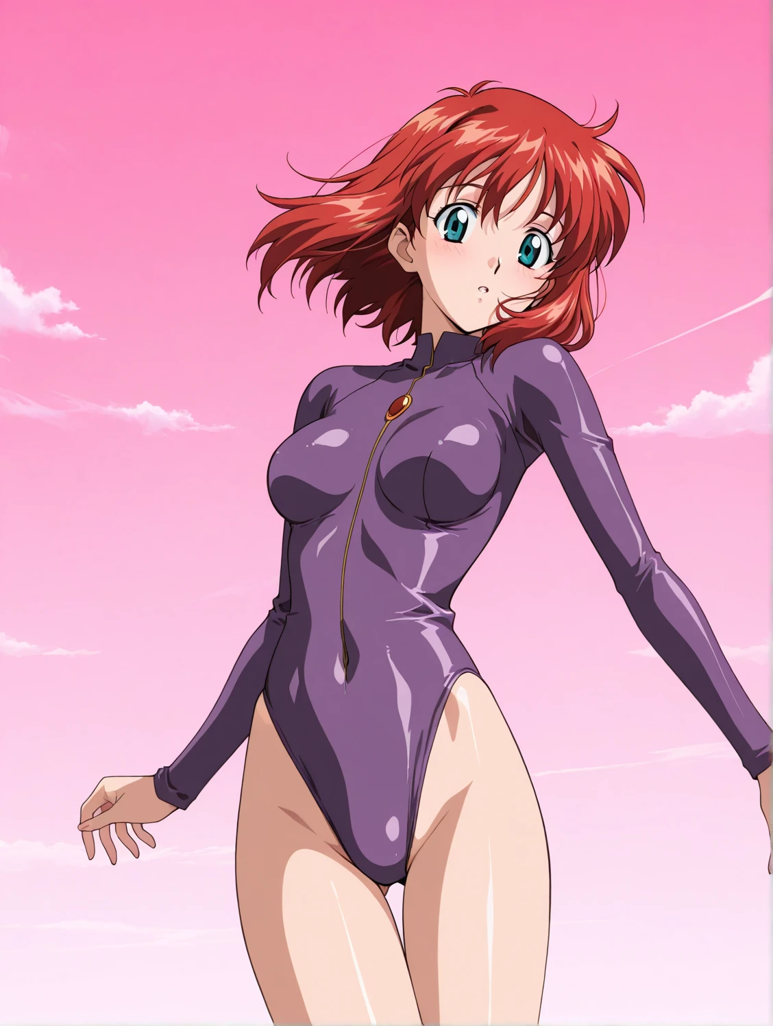 (masterpiece, 4K, Best Quality, Anime style: 1.9, bold drawing lines, High color saturation, Detailed face, tall, Adult Woman, lovely, (cloud background), Drawing lines, high resolution, Anime, lacus4), 1girl in, Solo, curvy figure, Long hair, 鎖骨, scapular, Wavy Hair, Detailed wide hair bangs, Hair Ornament, Detailed reddish-pink hair, cleavage, large hands, (Big blue eyes, shiny eyes), Smile, closed mouth, Very happy, ((closed fists)), (laughing, open mouth), ((medium breasts)), ((shiny pink strapless wrestling leotard), (pink wrestling long boots), bare thighs, strong arms, biceps, rib lines, ((lean forward)), legs, standing, (hands on hips), happy, bare shoulders, (bare thighs, exposed navel, groin, shiny skin, exposed belly button)