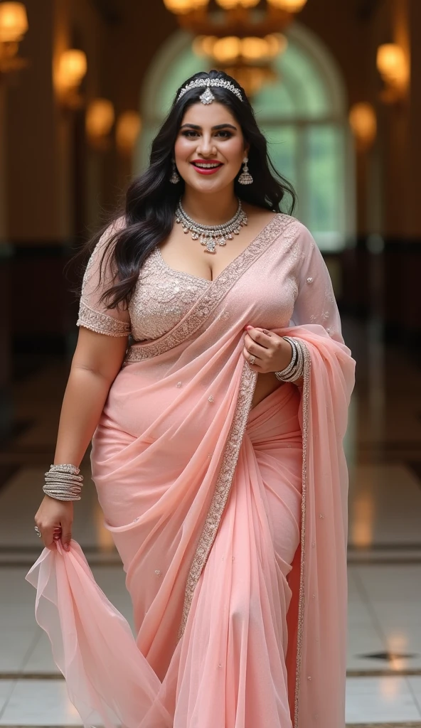21yo girl, black hair, walking in a moonlit courtyard, exotic girl, bbw chubby indian women, looking at the viewer, shining skin, perfect lighting, the embodiment of grace and elegance, (saree ),  clear details, beautiful, detailed eyes, detailed pupil, volumetric lighting, Ultra Detailed, unity 8k wallpaper, ultra detailed, aesthetic, masterpiece, best quality, photorealistic smiling, marriage function,
