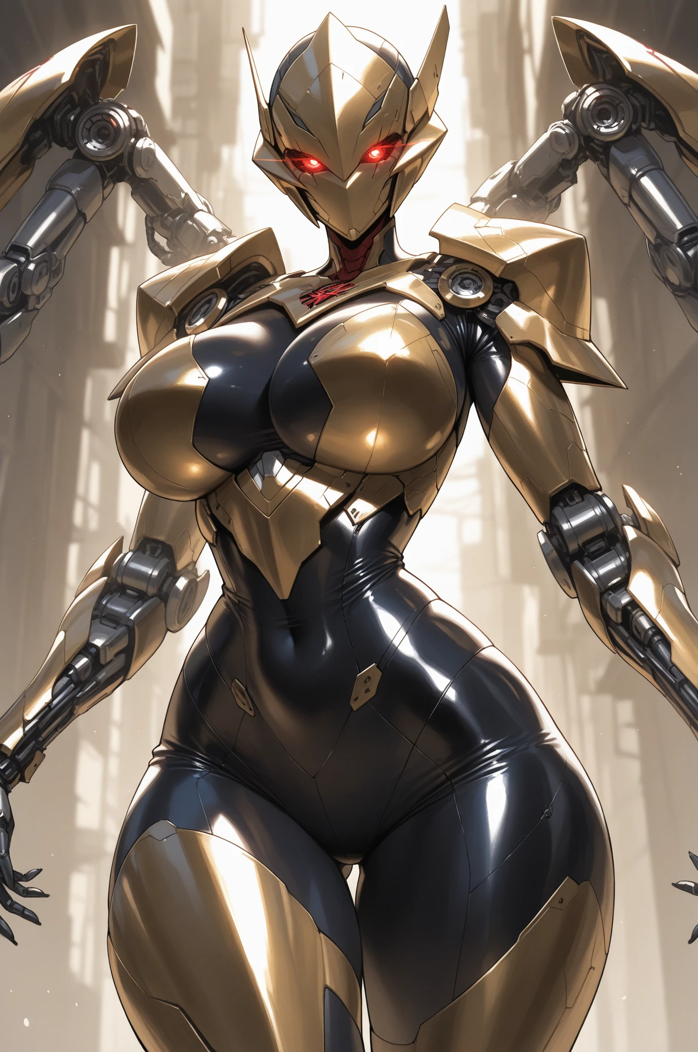 ((Close-up)), tall, (yellow hair) beautiful muscular woman, long flowing hair, light brown skinned, closed smile, (black lipstick), (massive muscles), (hyper muscle), (ginormous bulky muscles), glowing gray eyes, ((full yellow cybernetic suit of armor)), (cybernetic pants), choker, boots, in a neon city,