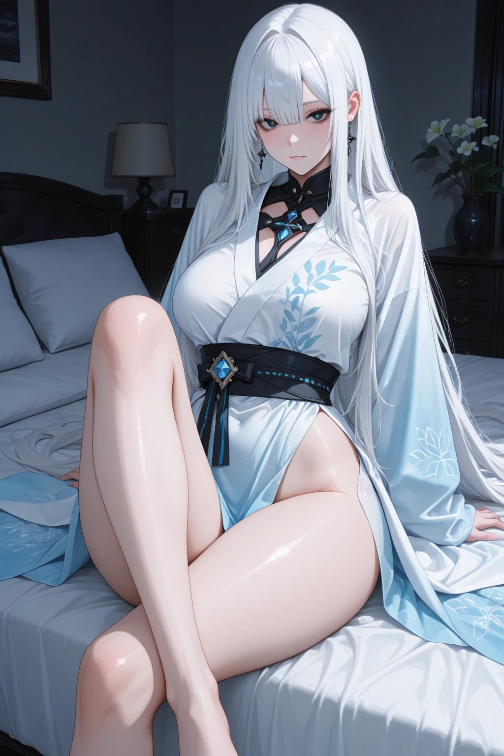 Kaguya otsutsuki. A woman sitting in our room. His long hair was blue. With a pair of antlers. He sat down and put on a white kimono about to fall off. Showing some of her big, round breasts and breasts. Her skin was really pale white. Her cheeks were rosy. Seeds as red as blood. And one red eye on his forehead. Looking so pretty and realistic.