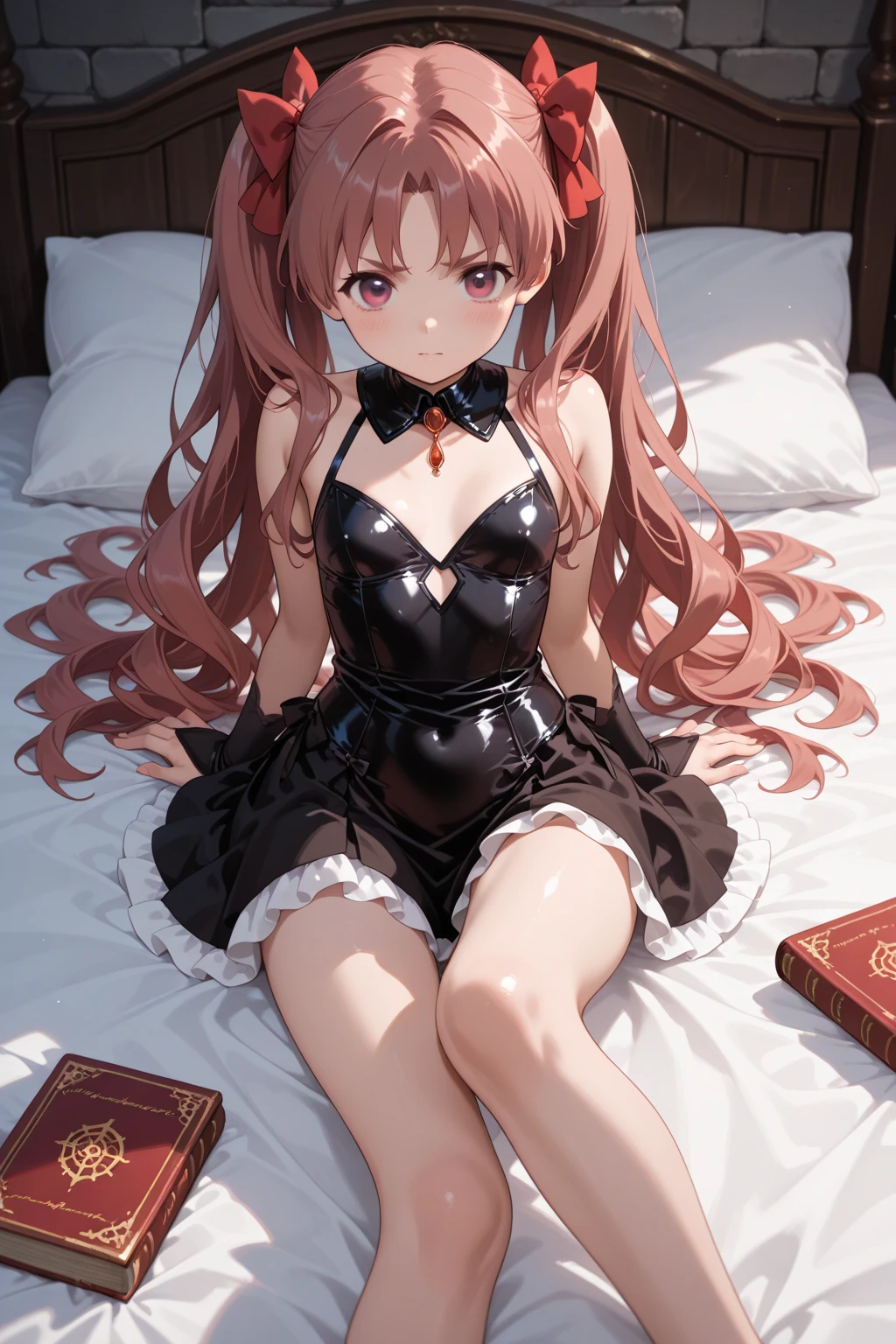 score_9, score_8_up, score_7_up, score_6_up, score_5_up, score_4_up, source_anime, 1 woman ,bed, pink hair, long hair, white eyes, w-w-chain, shackles, loose hair, black dress,shorts,black high heels, sandals, heels,night, candles, plush toy , dungeon, best quality, best res, 4K UHD,
 