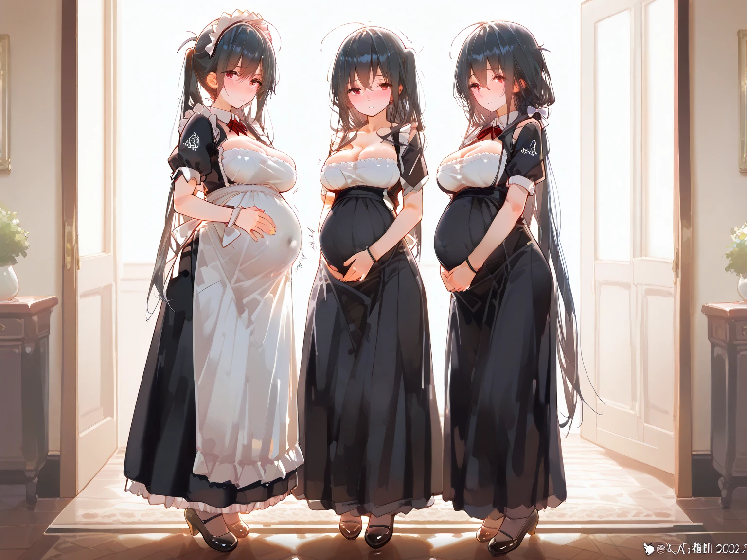 score_9, score_8_superior, score_7_superior, sauce_anime, Highest quality, masterpiece, Official Art, Absurd, High resolution, Very detailed,Wife 2x,collection: A slice of life,break,Three Girls,8-year-old、 Yuki Osanai, Bob、Shortcuts, cropped black hair, bangs, Slanted Eyes、(Red gradient eyes:1.2), （tears、tears目、smile、Cry、it hurts、Open your mouth、small double teeth、Tears dripping from the edges of the mouth）、Embarrassing、Favorable、((Red cheeks、Red face))、((Loli Body))、Young、Short、(Trembling)、((Small breasts))、(avenger、murderer、Serial killer)、Have a crude weapon、Bathing in blood、Bloody clothes、Blood dripping from the forehead、(No underwear、pregnancy、Pregnant women、Double-headed vibe)、Glare、Staring、
break , Open the skirt、 Visible thighs, On the way home, my body and face were covered in blood.、Bloody Naked Apron,(Lesbian Sex)、
break、Walking along the rice paddy path、Murder Date、Spread your arms、Wide-open nude apron、Hair fluttering violently in the wind、Labor pains、break,(Clear Line Illustration:1.2), ssuperiorer detailed skin,非常にHigh resolution, so beautiful, Best sexual lighting by famous artists, 8k,cute picture,Beauty Illustration,Photoshop_(Moderate),,(Detailed lighting),best anime 8k konachan wallpaper, pixiv Contest Winner, 