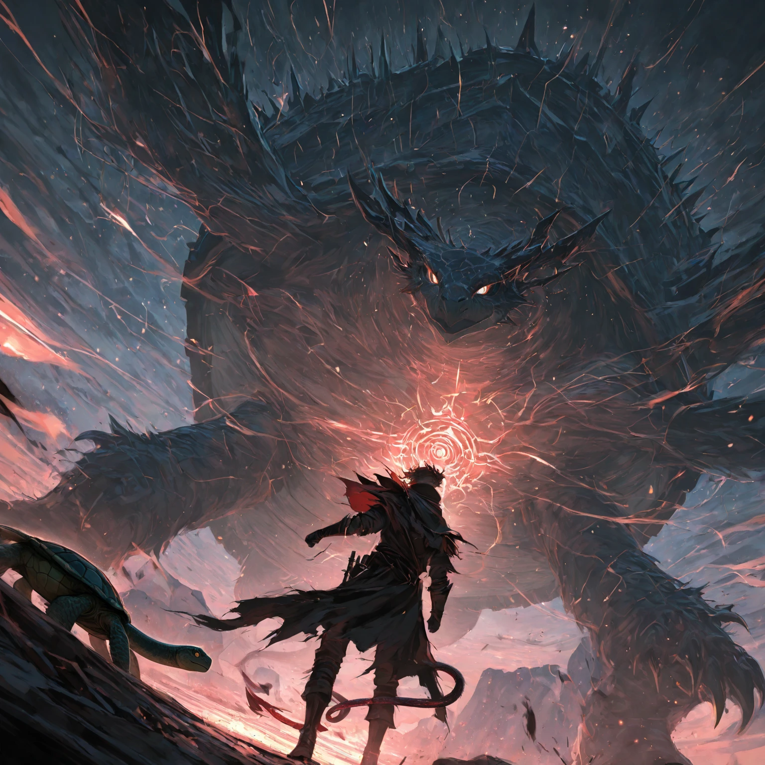 A very detailed painting, ice world, Depicts a man have a weapon on a hill gazing at a giant alien monster lightning rain breath, author:Shinkai Makoto, By Art Jem, From Wlop, author:Greg Rutkowski, Volumetric Lighting, Octane Rendering, 4K resolution, Popular on artstation, masterpiece ,flame magic