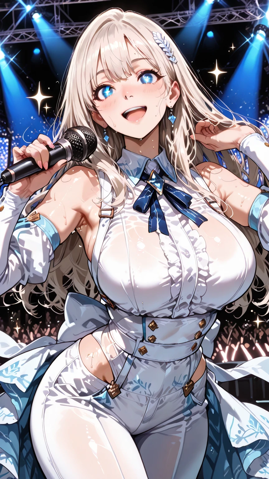 Grey Hair, long hair, Purple eyes, live stage, large breasts,, Live Stage, solo ,nsfw, nipple, Standing pee