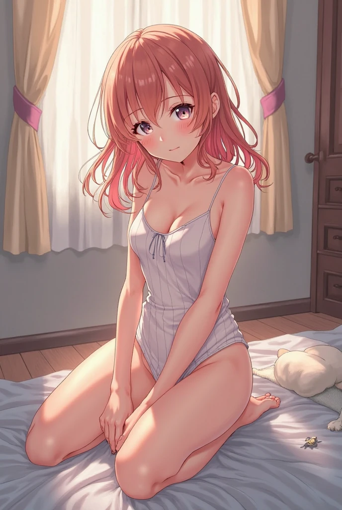 Naked small towel, wet and see-through, cute, blush, cleavage, thighs, no bra, no panties, high image quality, crisp, high detail