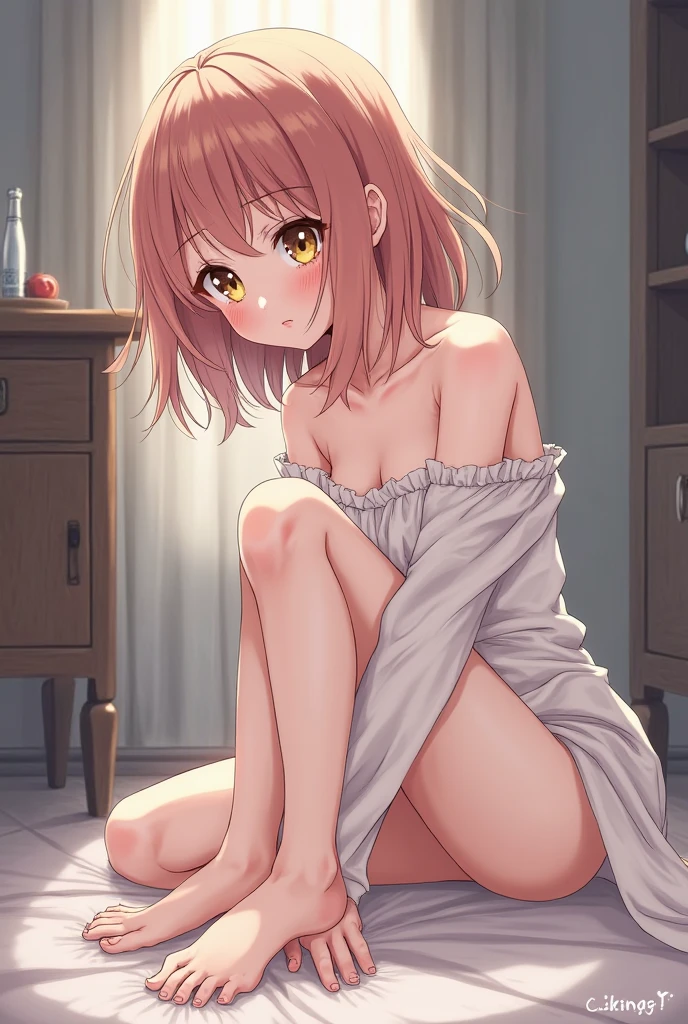 akari feature,((masterpiece)),(((highest quality))),((Super detailed)),((figure)), ((messy hair)), {very detailed}, (Light function), detailed background, flow,topless,indoor