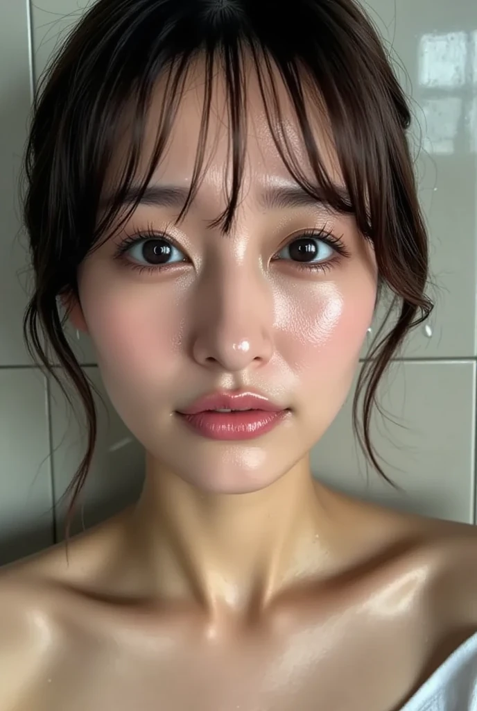 Beautiful handsome woman, ((top quality, 8k, masterpiece:1.3)), pretty woman, 1 woman, huge breasts:1.3, slender figure:1.1, elastic dark brown hair, (shower, wet body, wet clothes:1.1), very detailed face, detailed lips, detailed eyes, double eyelids
