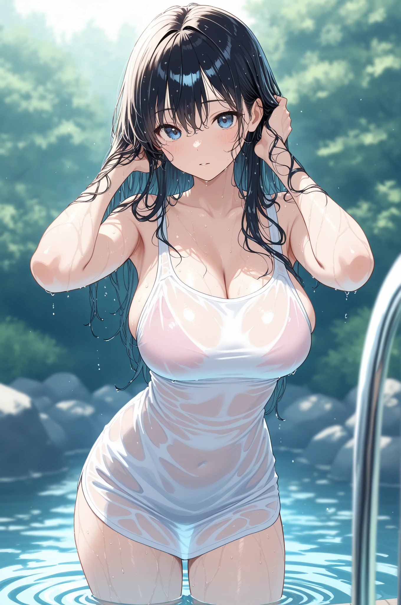 （high quality）,(details）,(nsfw）,
(a girl),(arms up),(black long wet hair),
((soaking),(sweaty),(good posture),
((blushing)),((shy)),(big boobs),(giggling)