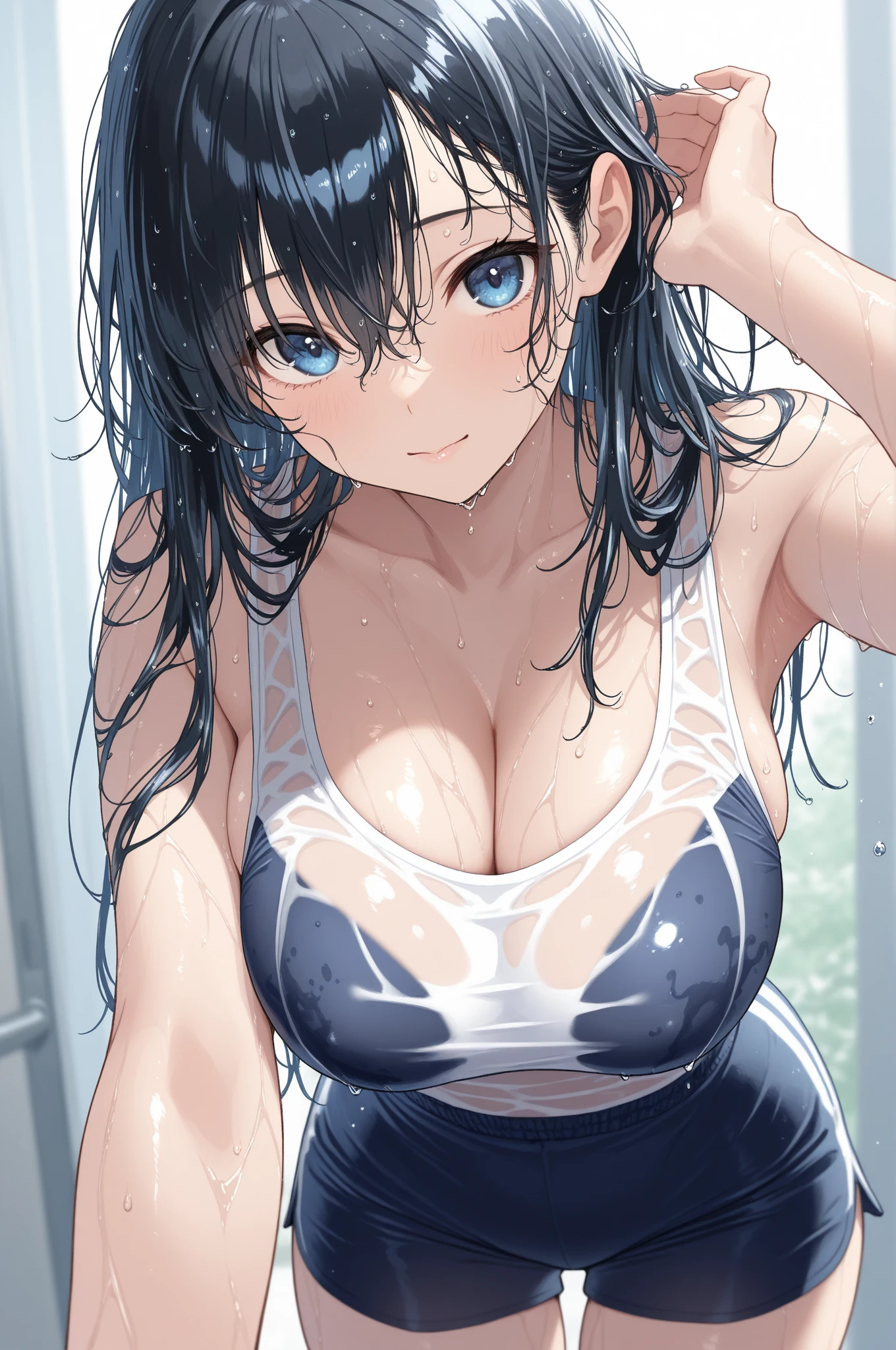 ((Sportswear、Highest quality、Masterpiece、High resolution))、(((Zoom photo from above、semen、Bukkake、Wet body、Wet Hair)))、(smile、blush)、Big Breasts、Cleavage、Inside the gym、Blue Hair