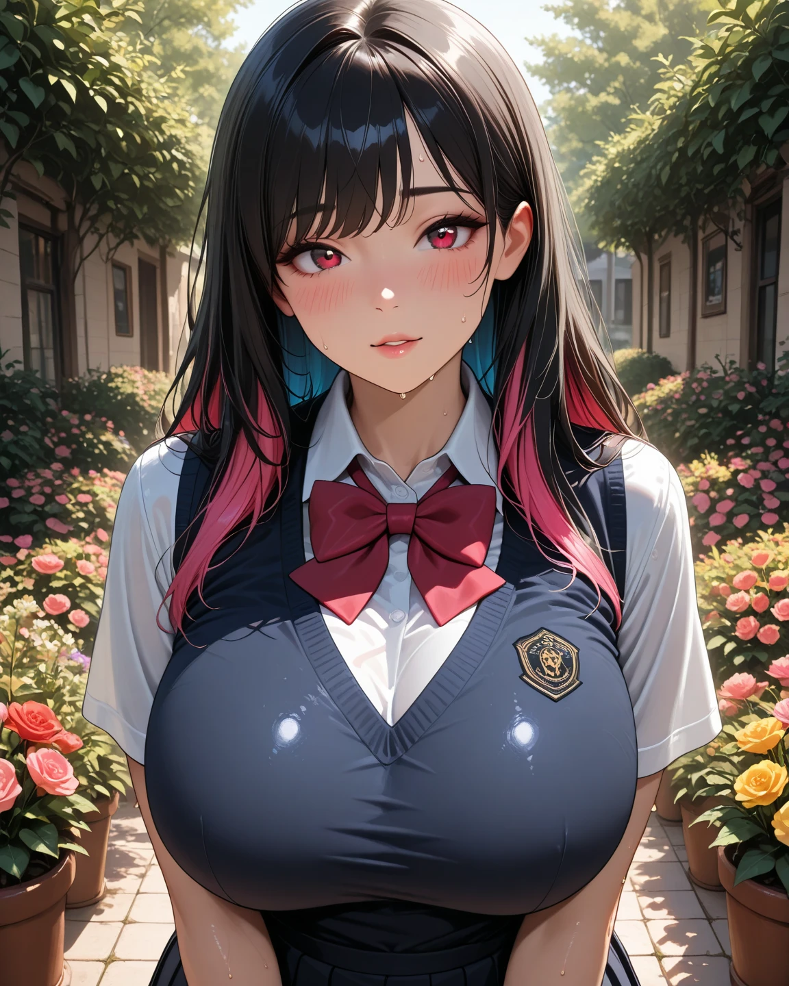 PERFECT MASTERPIECE, EXTREMELY DETAILED CG UNITY 8K UHD QUALITY RESOLUTION, RAW PHOTO, AWARD-WINNING PORTRAIT, PHOTOREALISTIC, OFFICIAL ART, SHINY REALISTIC SKIN, (v3.0 Punk Rock Baked:1.3), The most beautiful and sexy school girl, very long blue colored hair in pigtails, vibrant moonlight eyes, long detailed eyelashes, blushing, full pouting pink lips, curvy body, full hips, super huge enormously gigantic tits, cleavage showing, gigantic tits bursting out of her shirt, wearing a school girl uniform school girl skirt and Nike sneakers and backpack, tons of tattoos and piercings, arching her back in a sexy seductive slutty pose, looking at the viewer, full body portrait, close up pov camera view from below, sexy seductive slutty facial expression, cherry blossoms blowing in the wind, school campus background